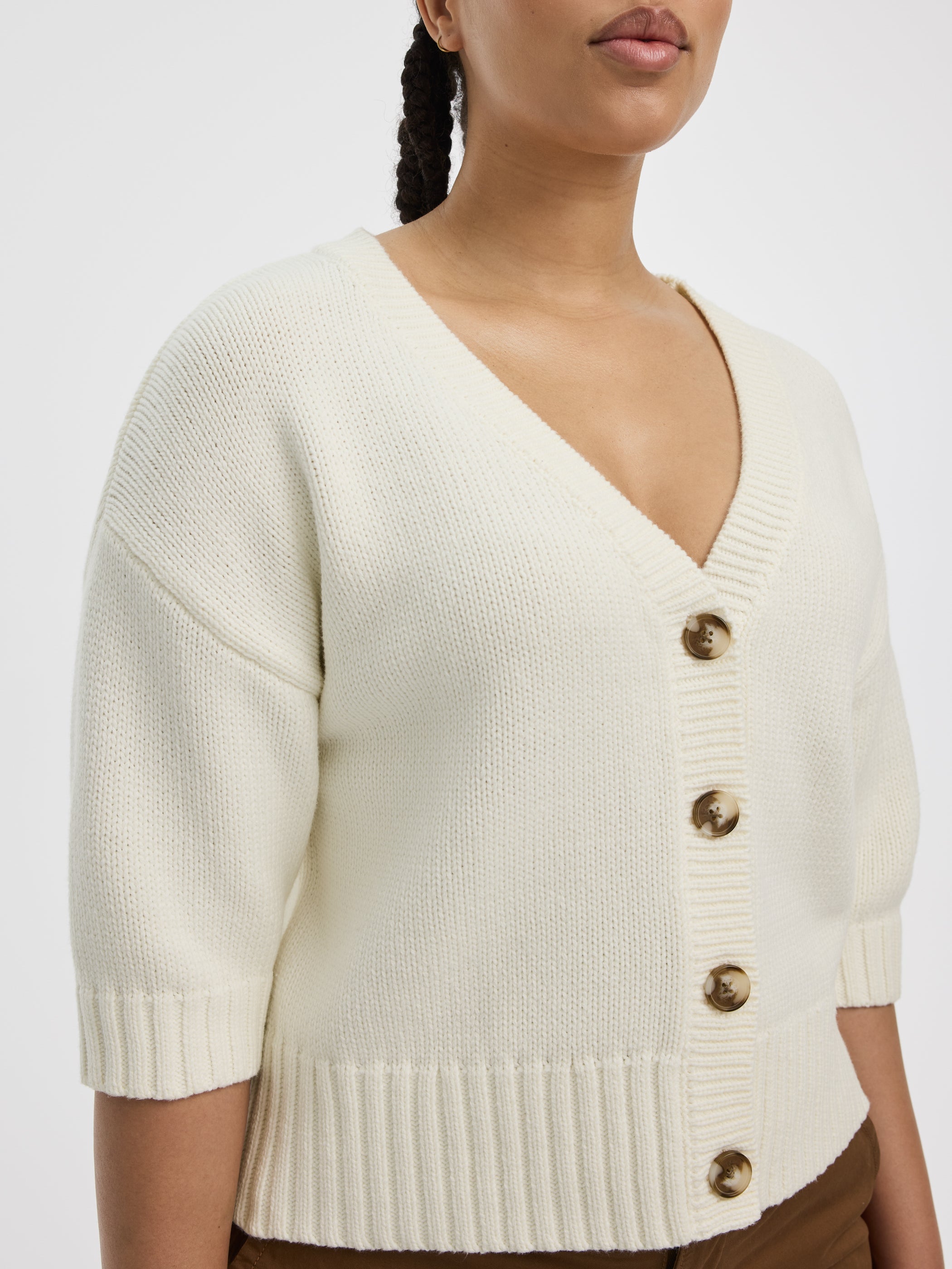 Loose Elbow-Sleeve V-Neck Cardigan