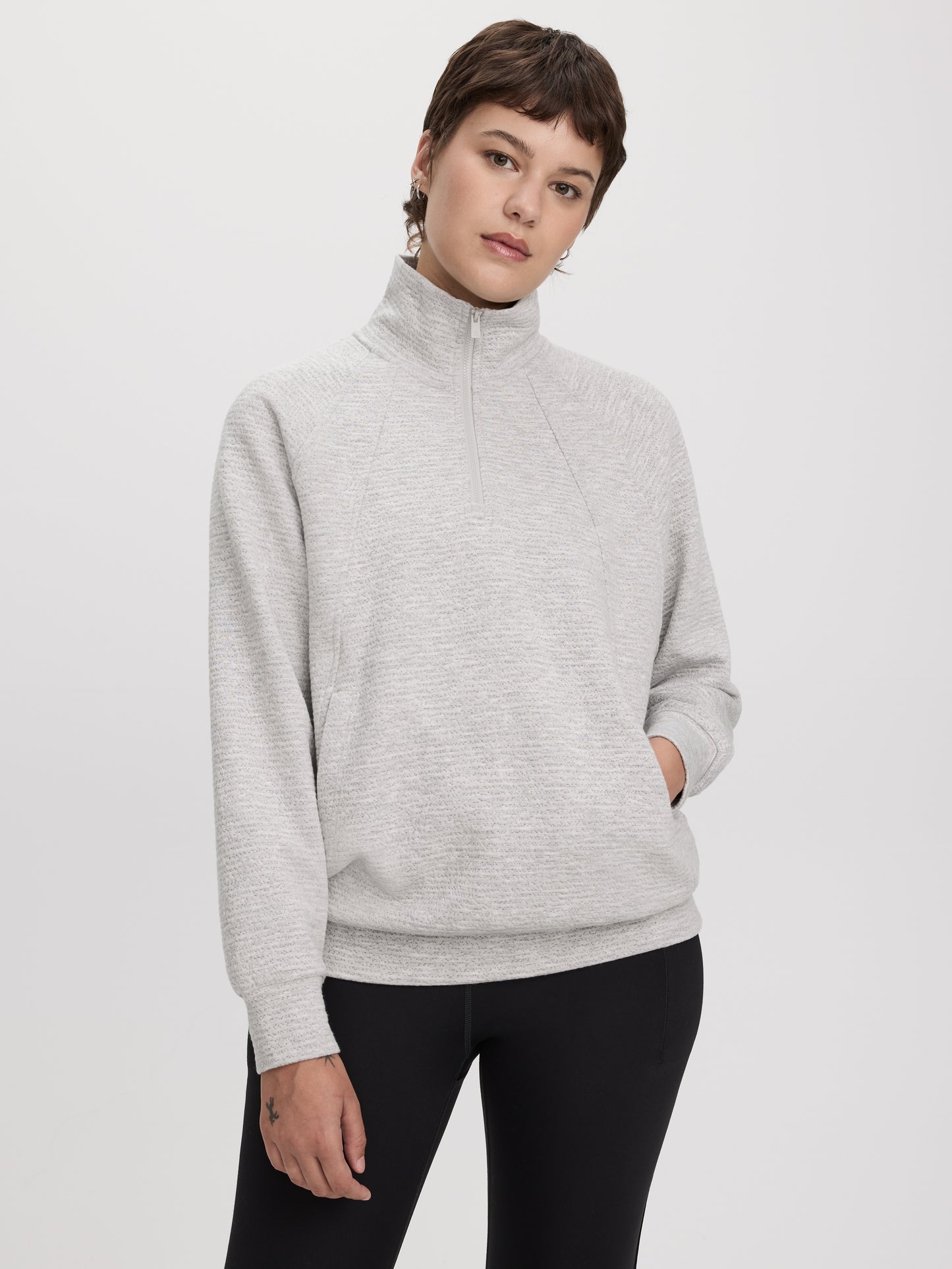 Long-Sleeve Half-Zip Mock-Neck Textured Top