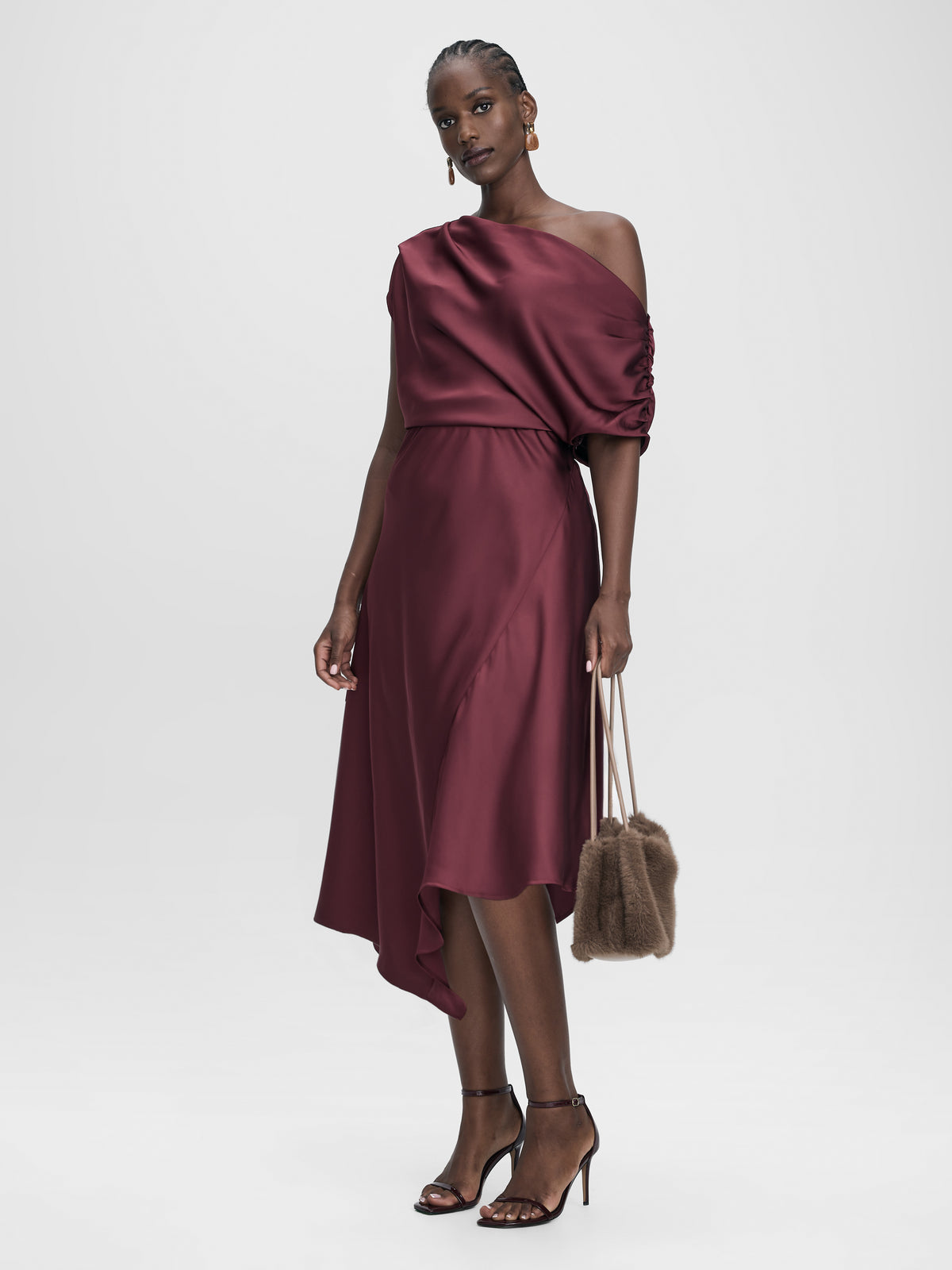 Satin Short-Sleeve Midi Dress with Asymmetrical Neckline