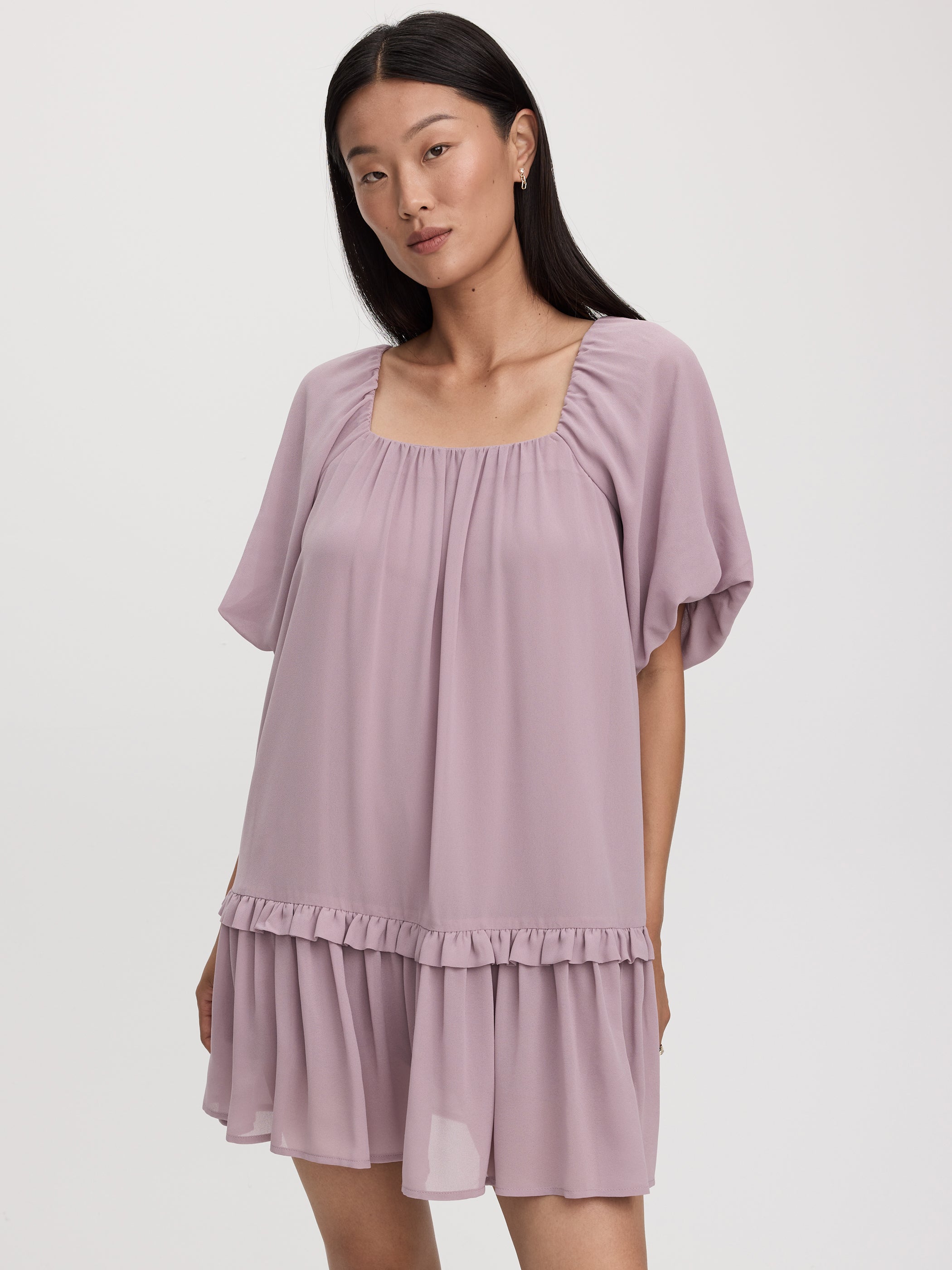 Square-Neck Mini Dress with Bubble Sleeves