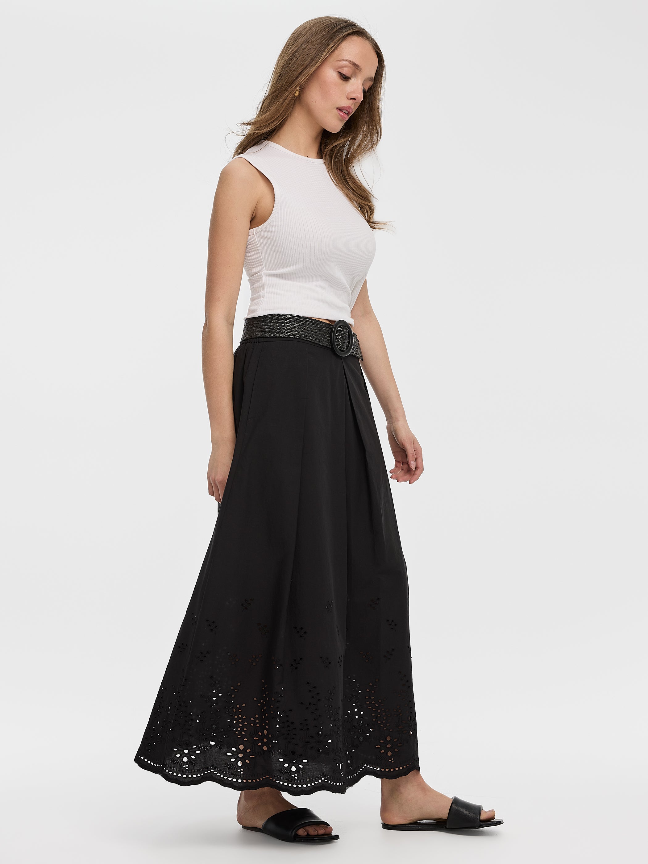 Pleated Midi Skirt with Embroidered Details