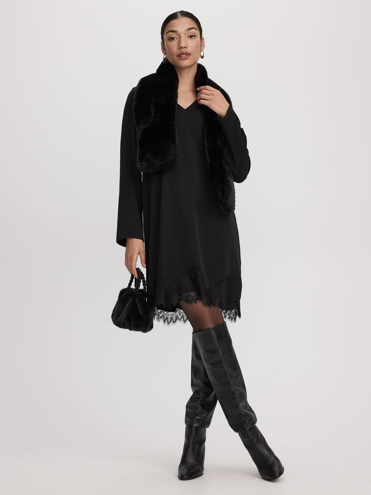 Long-Sleeve V-Neck Shift Dress with Lace Trim