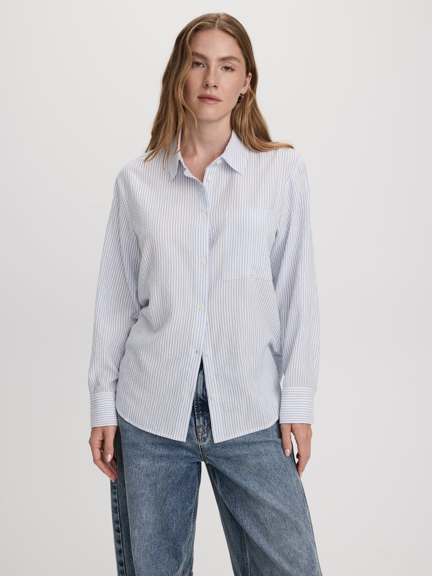 Striped Long-Sleeve Buttoned-Down Seersucker Blouse