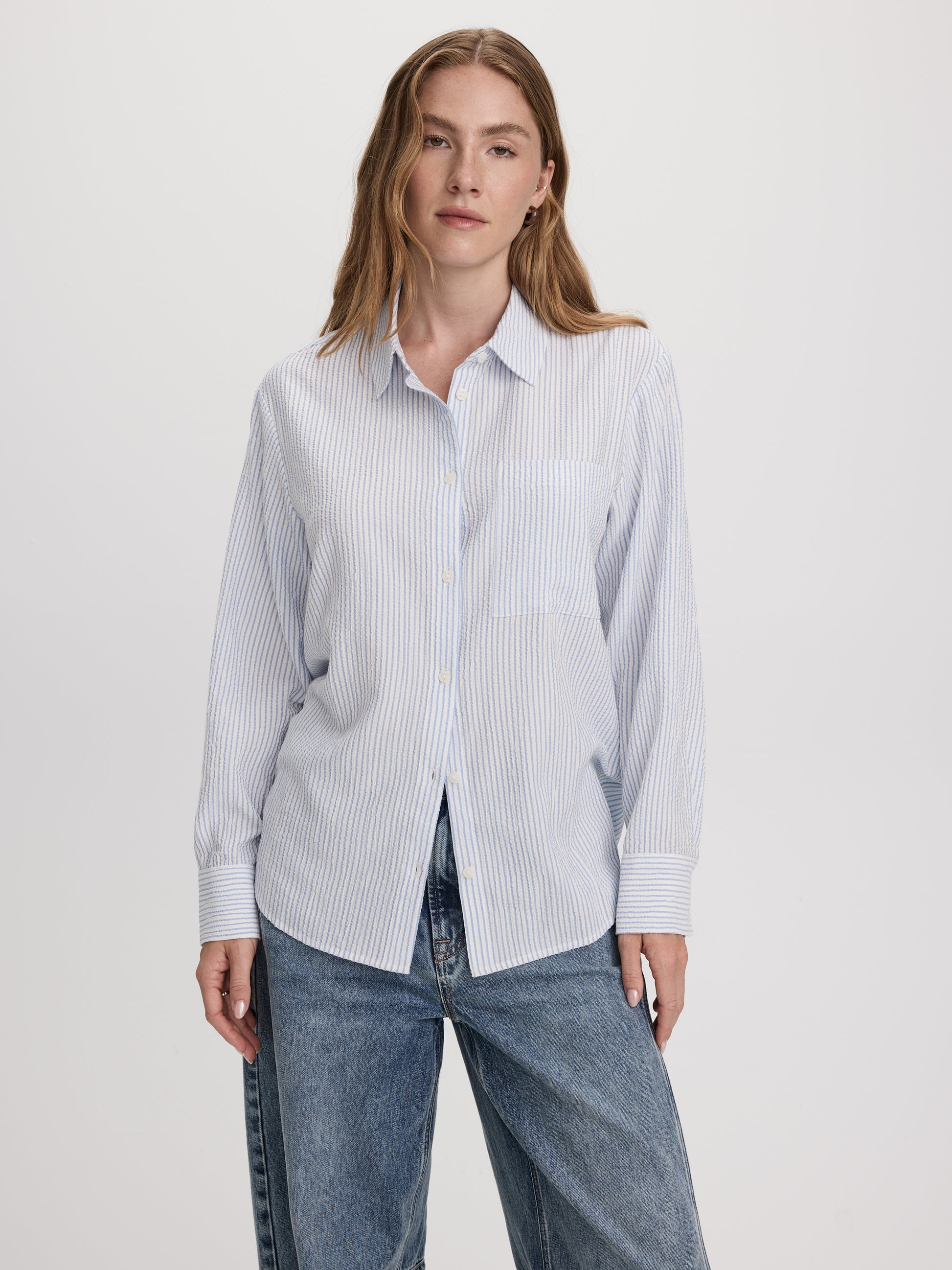 Striped Long-Sleeve Buttoned-Down Seersucker Blouse