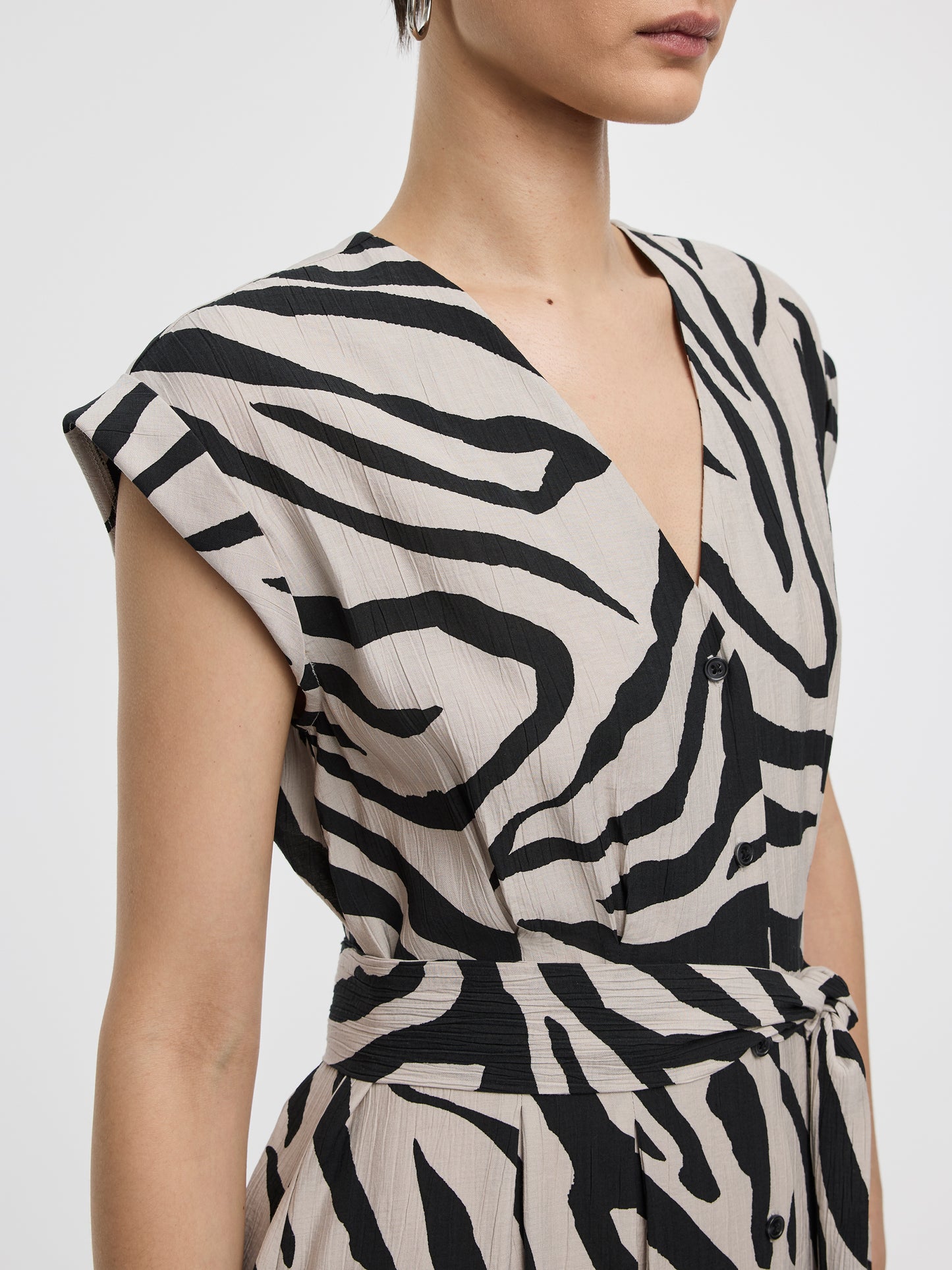 Extended-Sleeve V-Neck Belted Dress