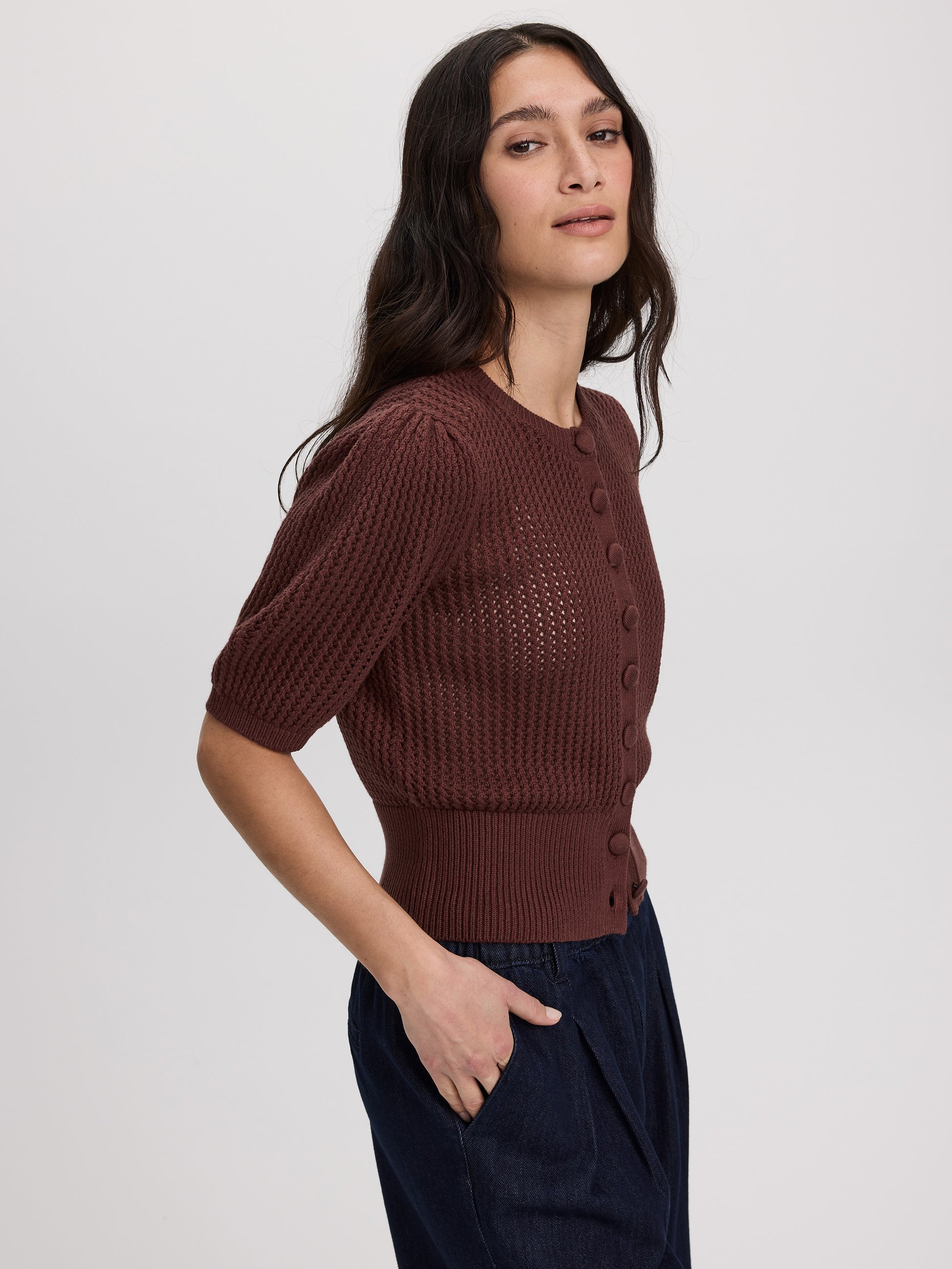 Short-Sleeve Crew-Neck Cardigan with Pointelle Stitches