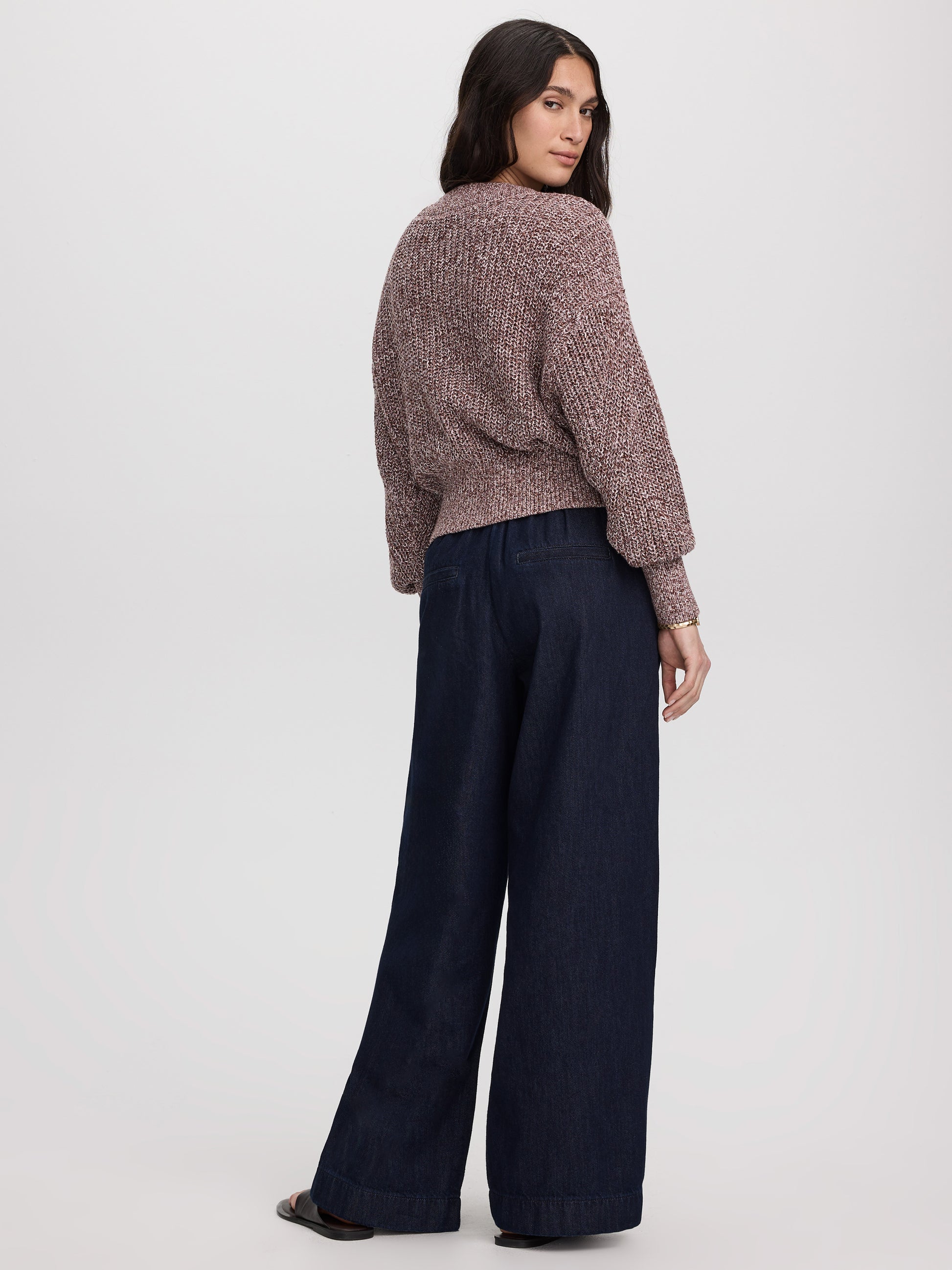 Long-Sleeve V-Neck Sweater with Half-Cardigan Stitches