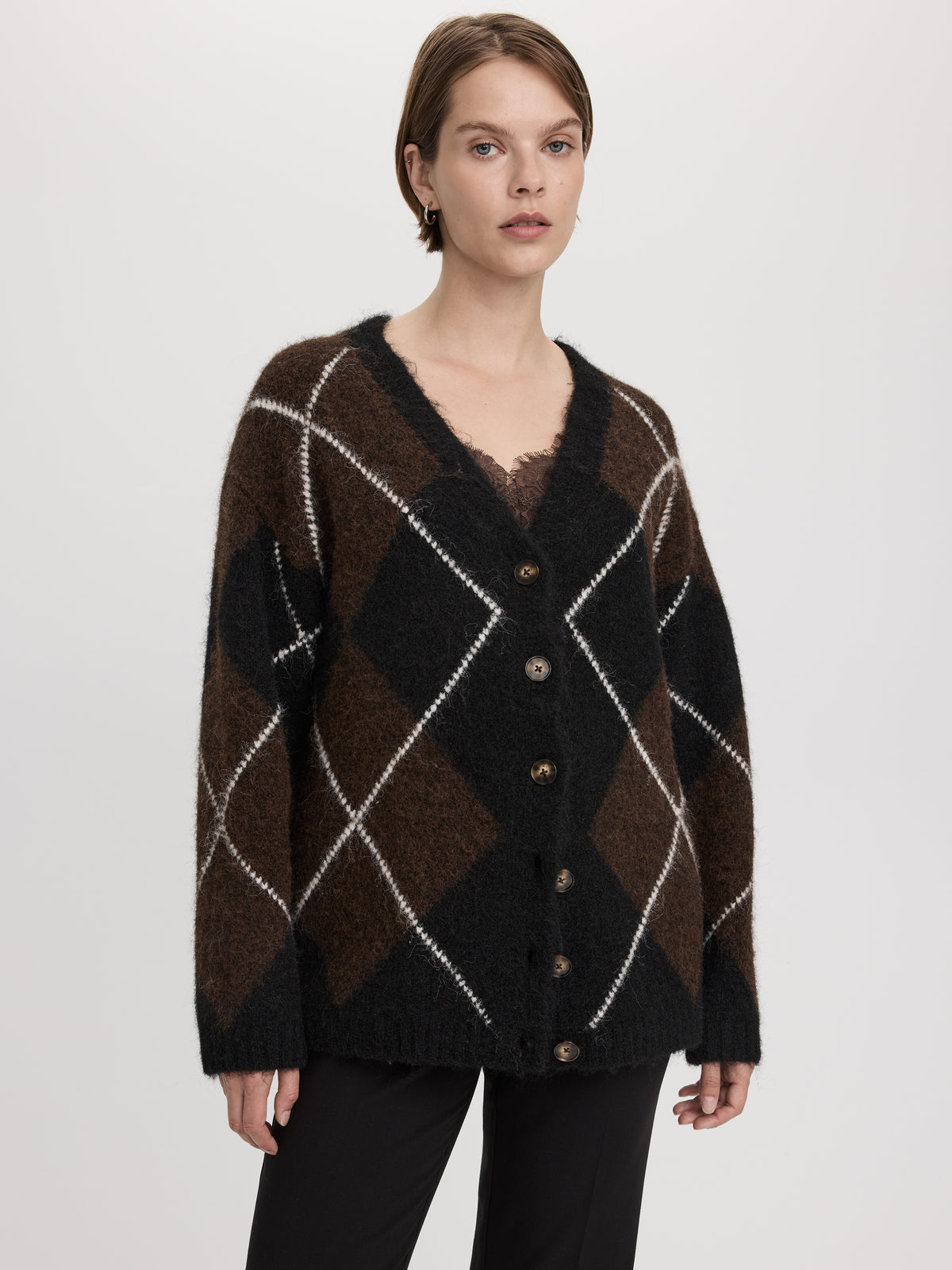 Long-Sleeve V-Neck Loose Intarsia Cardigan