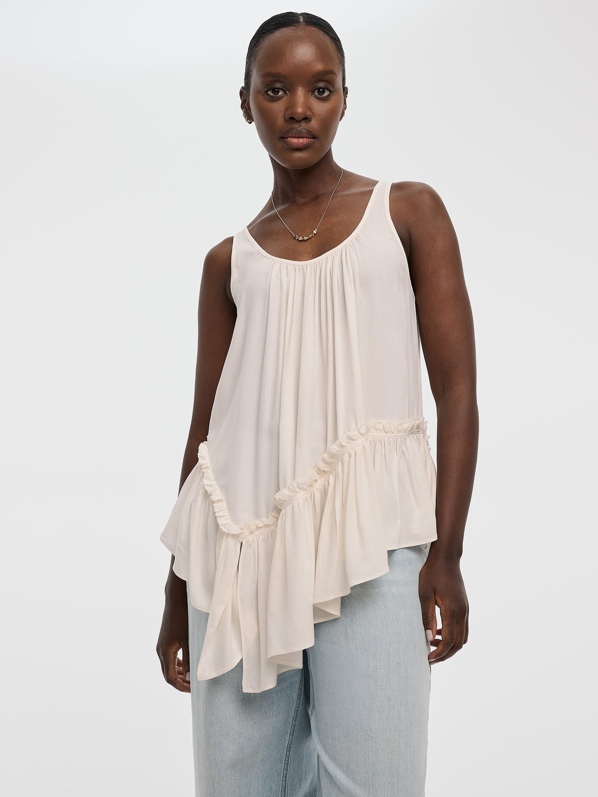 Scoop-Neck Tank with Asymmetrical Ruffled Hem