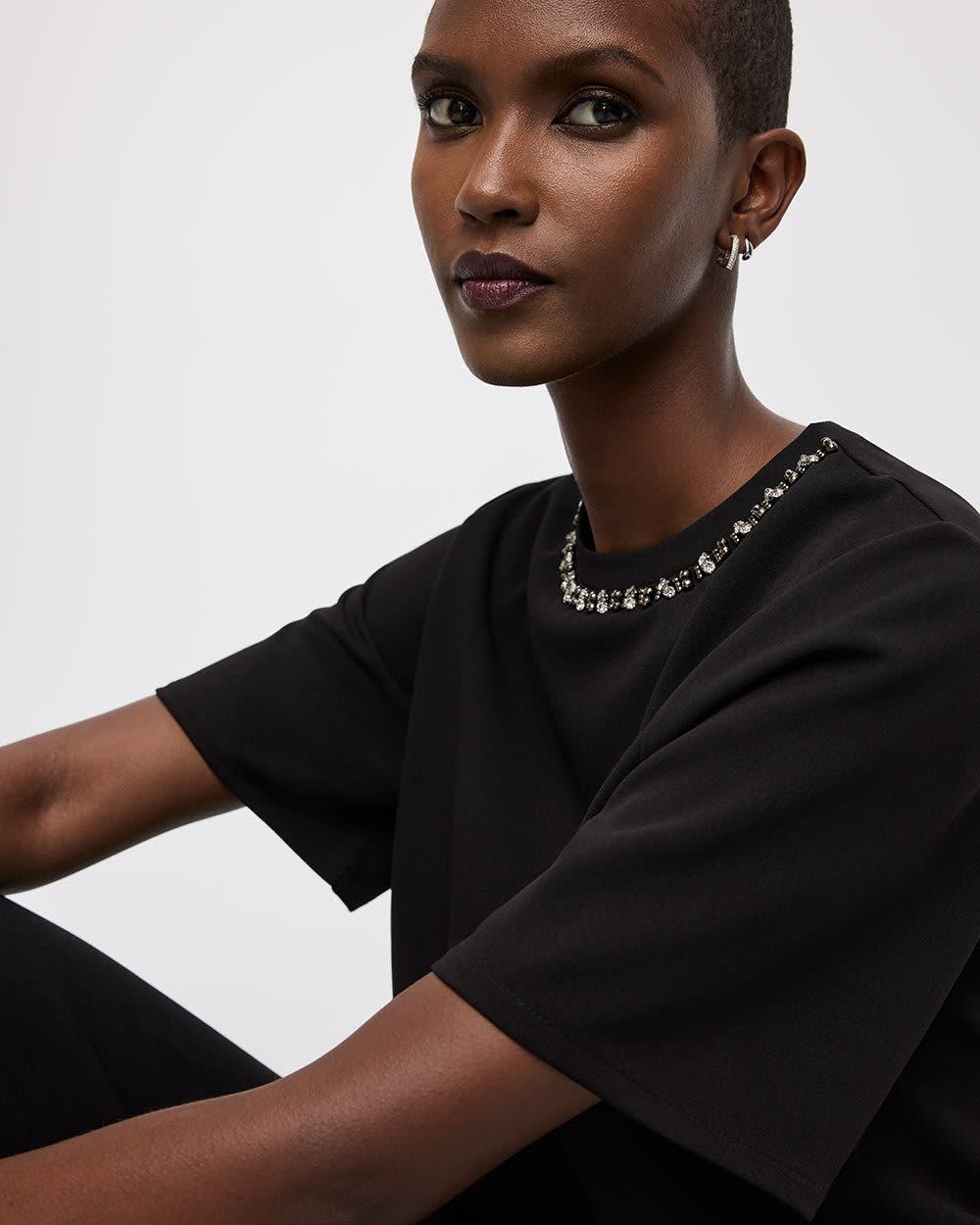 Short-Sleeve Jewelled Crew-Neck Top