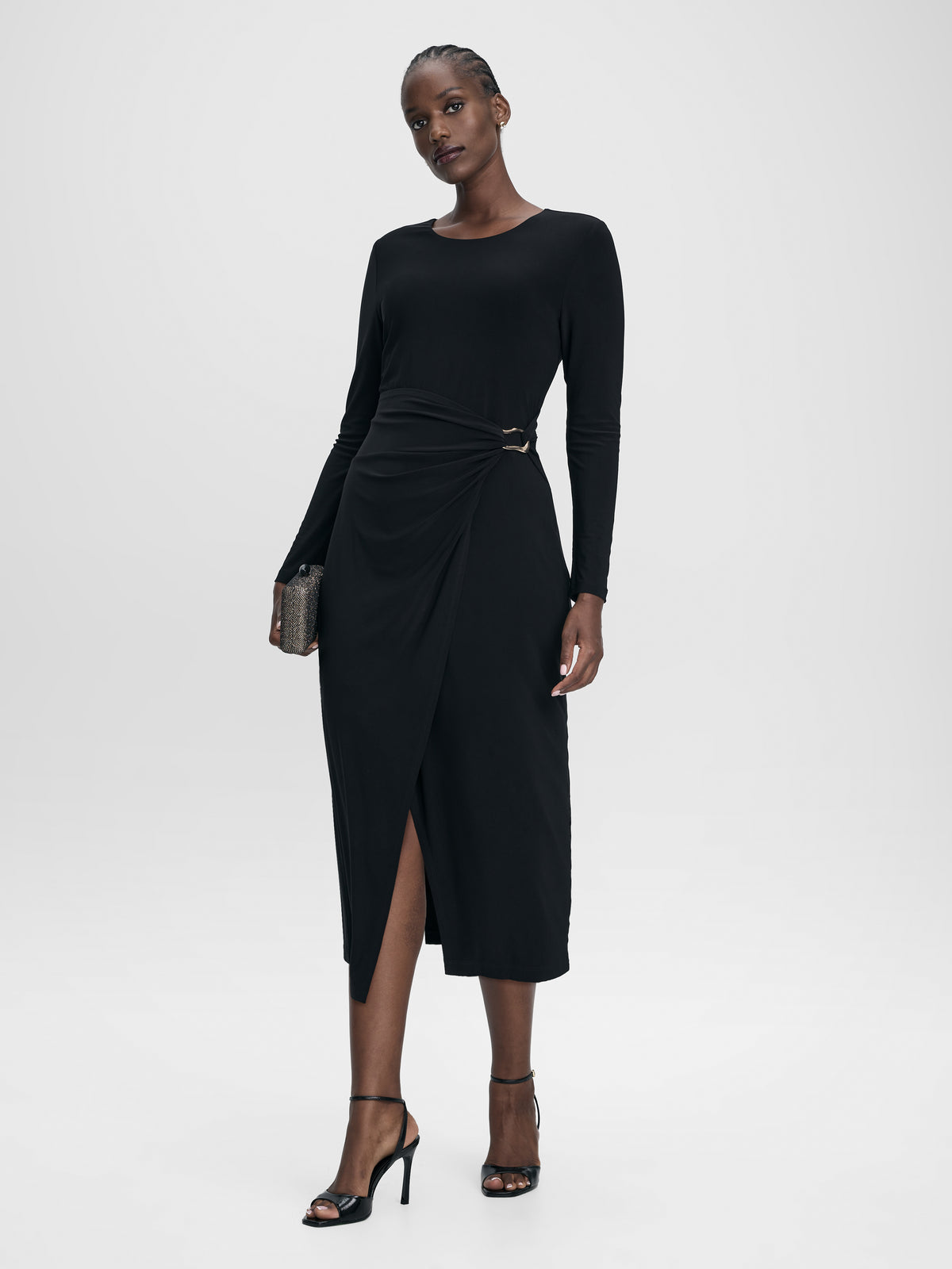 Long-Sleeve Bodycon Midi Dress with Wrap Skirt
