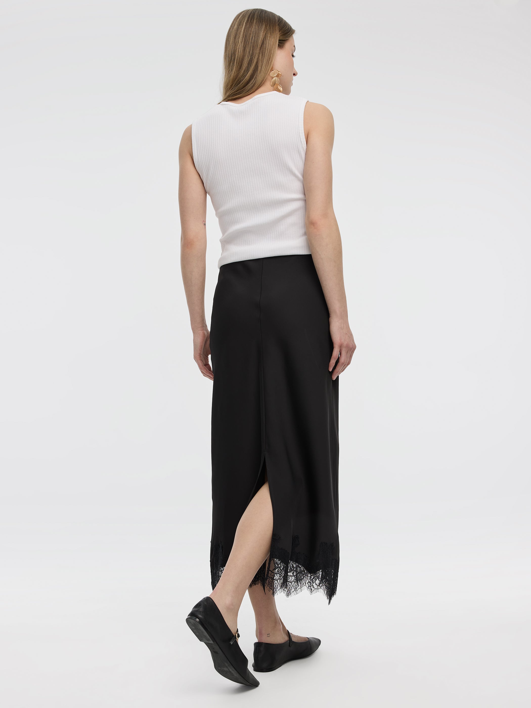 Satin A-Line Midi Skirt with Lace Trim