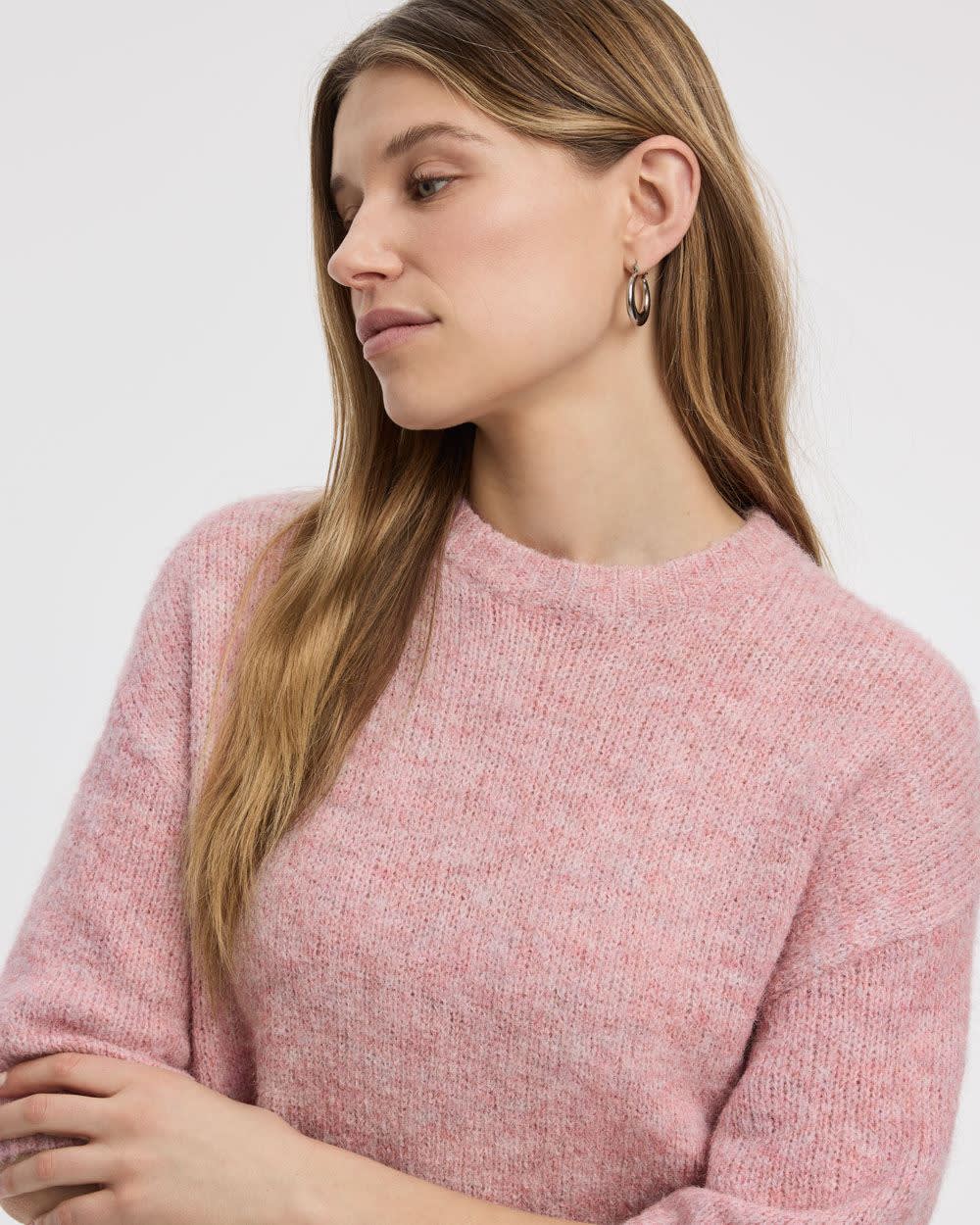 Elbow-Sleeve Crew-Neck Loose Sweater