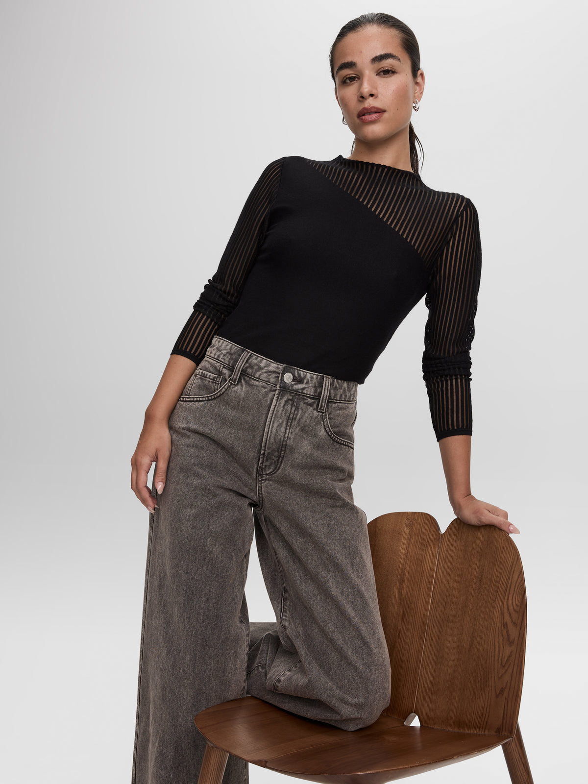 Long-Sleeve Crew-Neck Sweater with Sheer Yoke