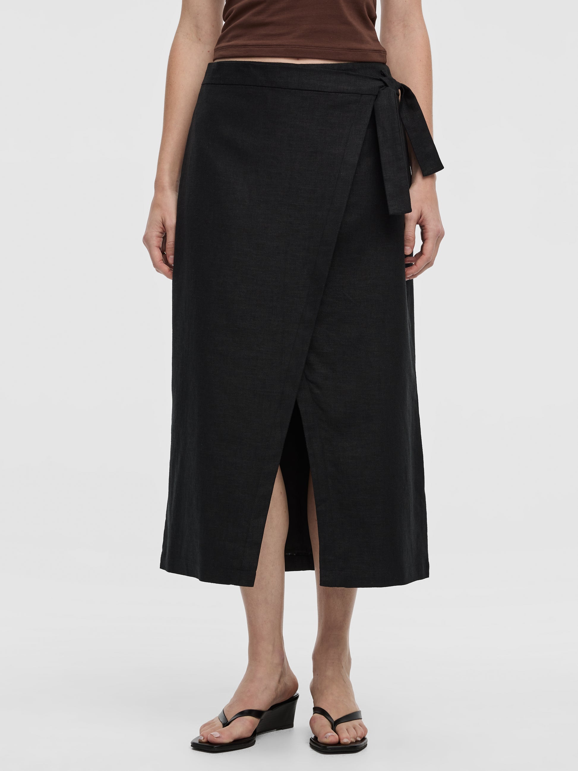 Linen-Blend Wrap Maxi Skirt