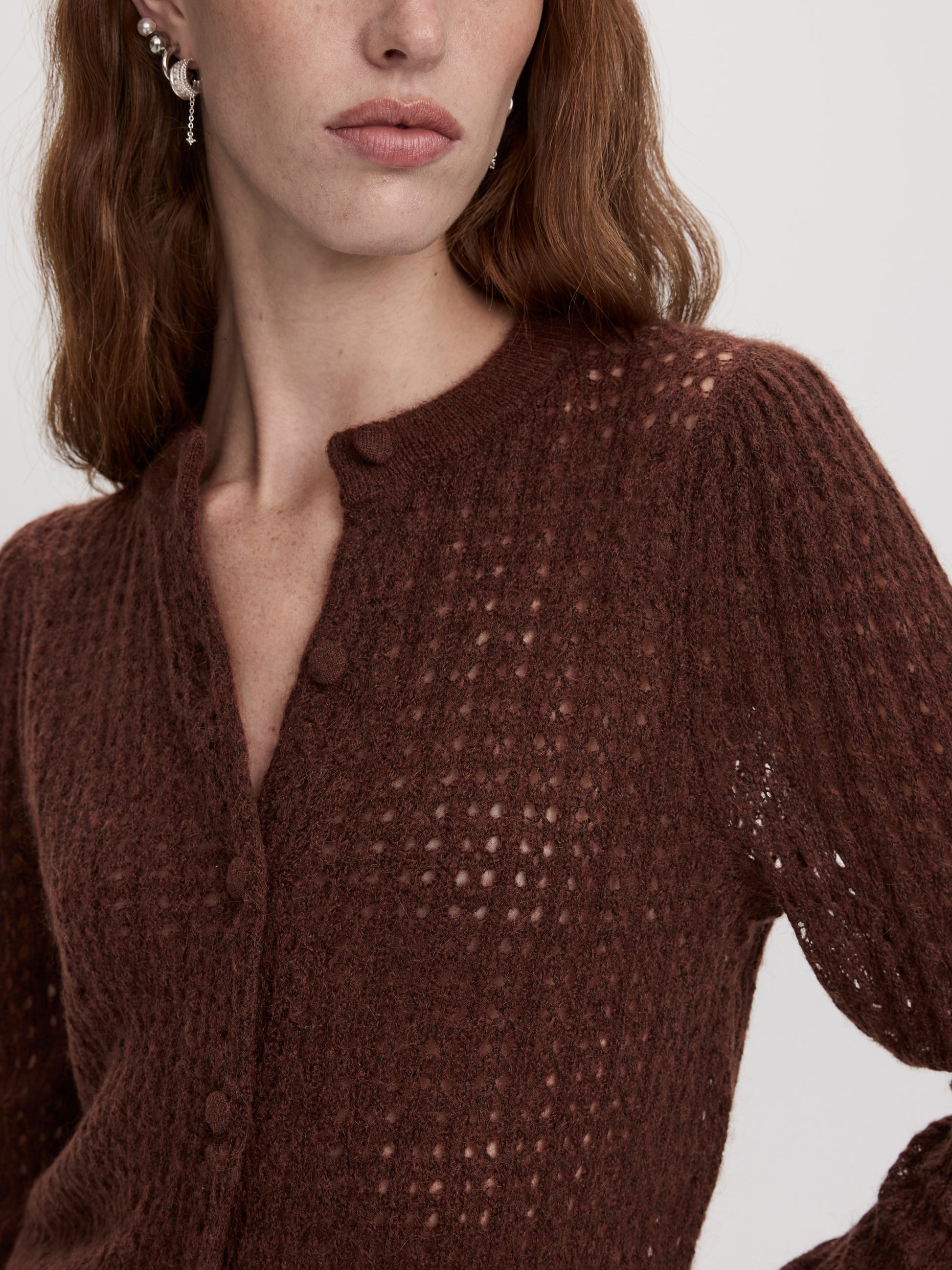 Long-Sleeve Crew-Neck Cardigan with Open Stitches