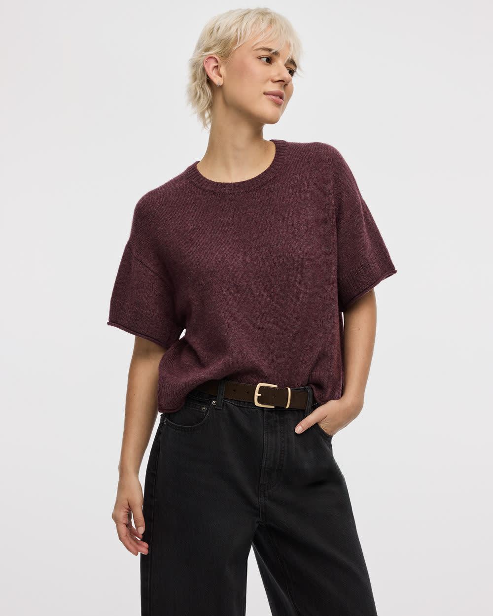 Cashmere-Blend Short-Sleeve Crew-Neck Loose Sweater