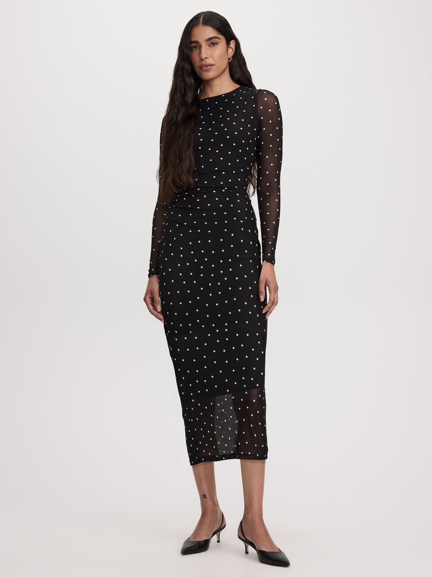Long-Sleeve Mesh Midi Dress with Side Shirrings