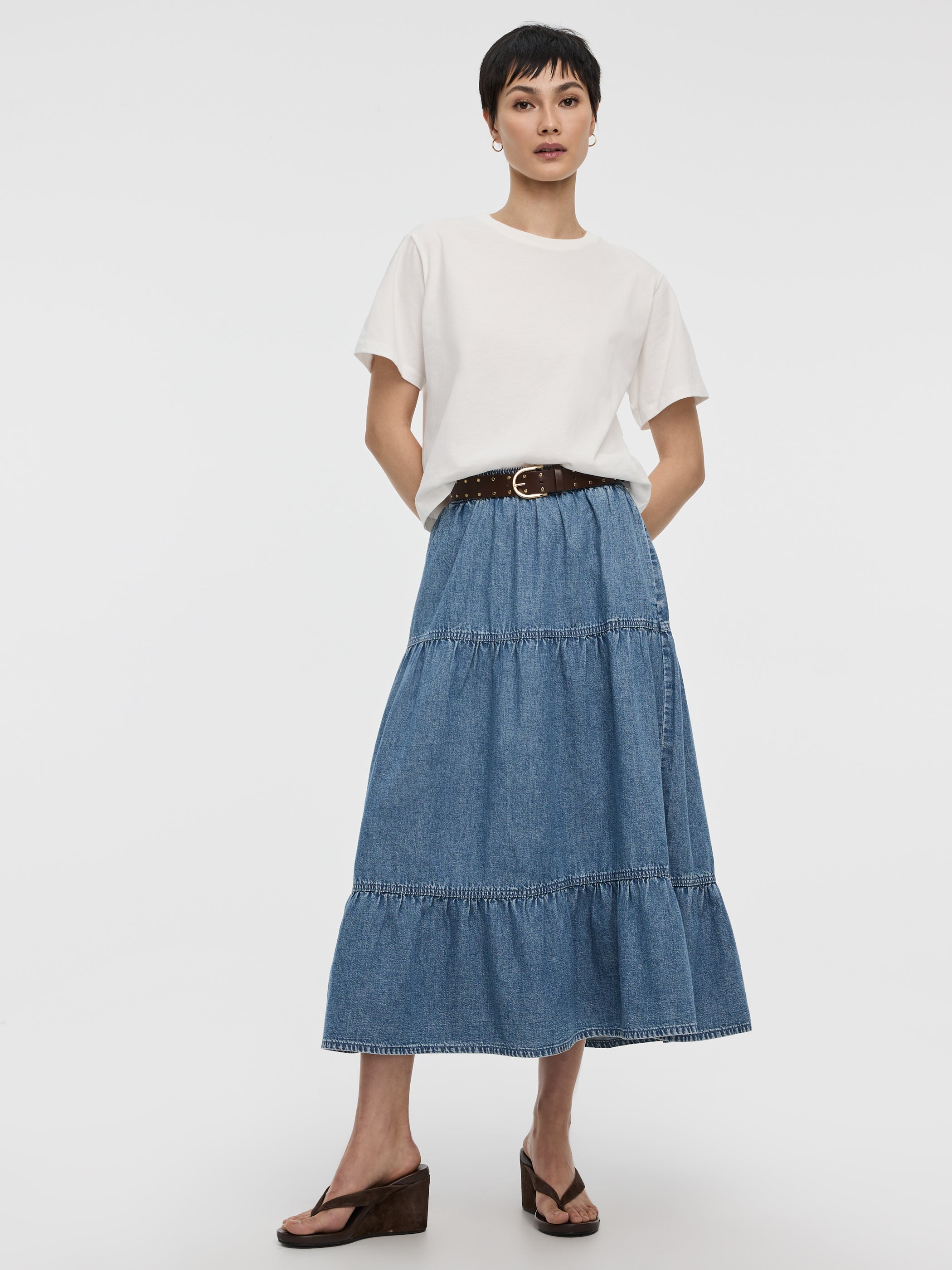 Pull-On Tiered Denim Midi Skirt