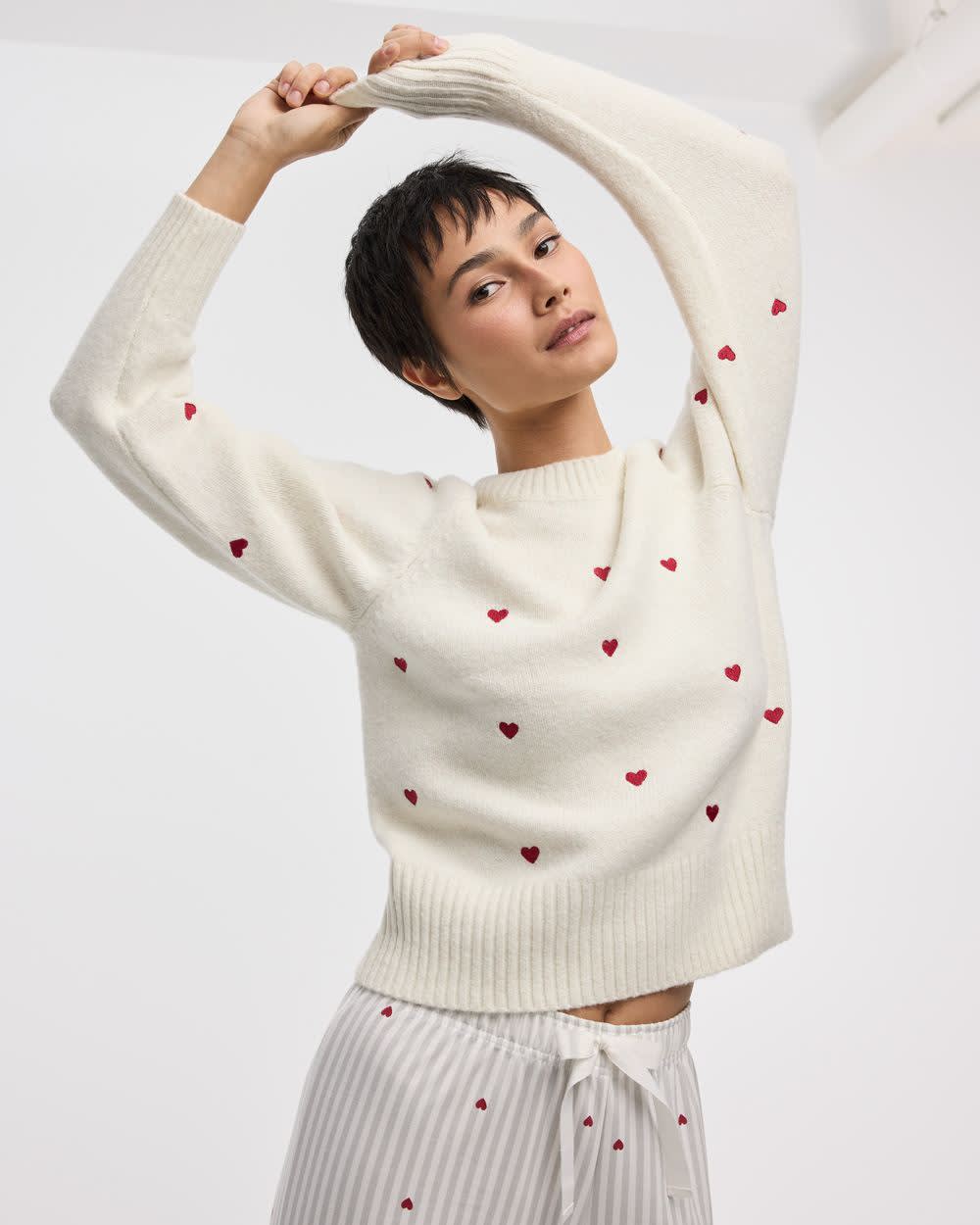 Long-Sleeve Crew-Neck Pullover with Hearts