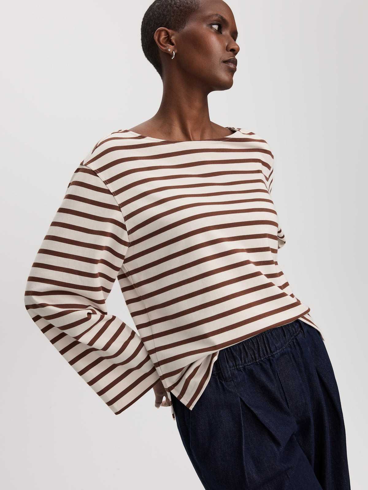 Striped Long-Sleeve Boat-Neck Top