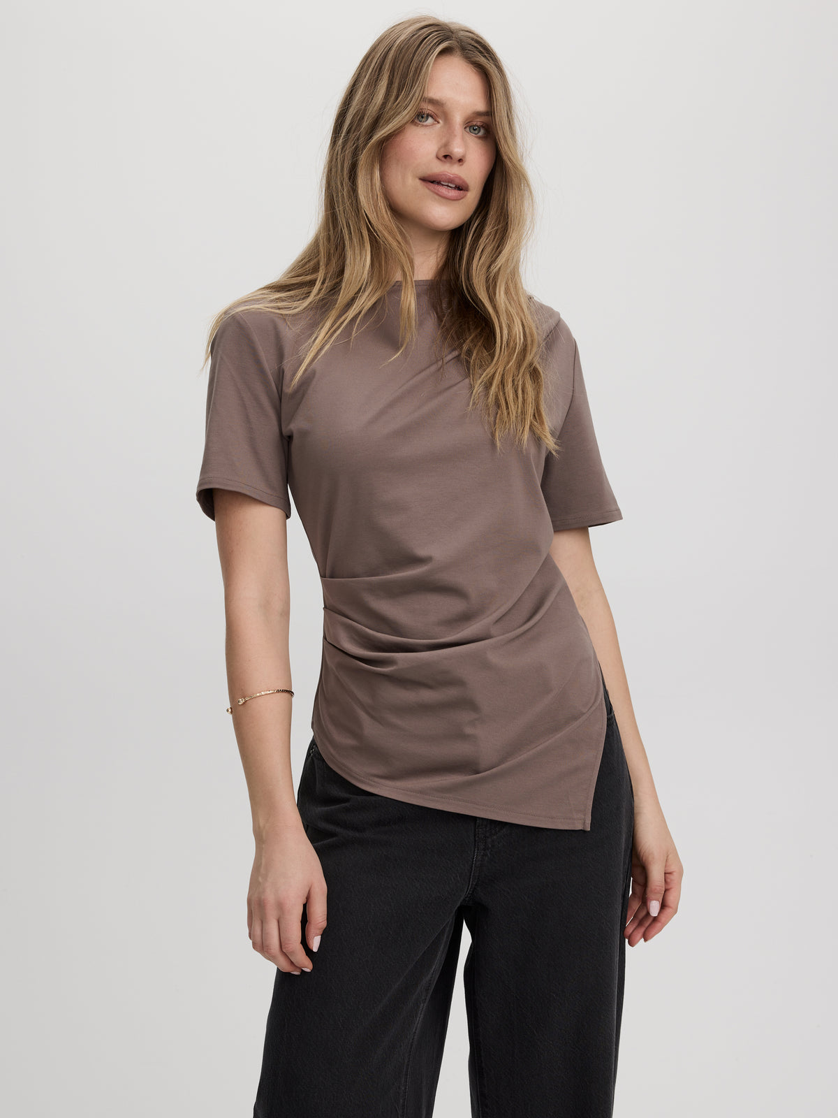 Short-Sleeve Shirred Top with Asymmetrical Hem