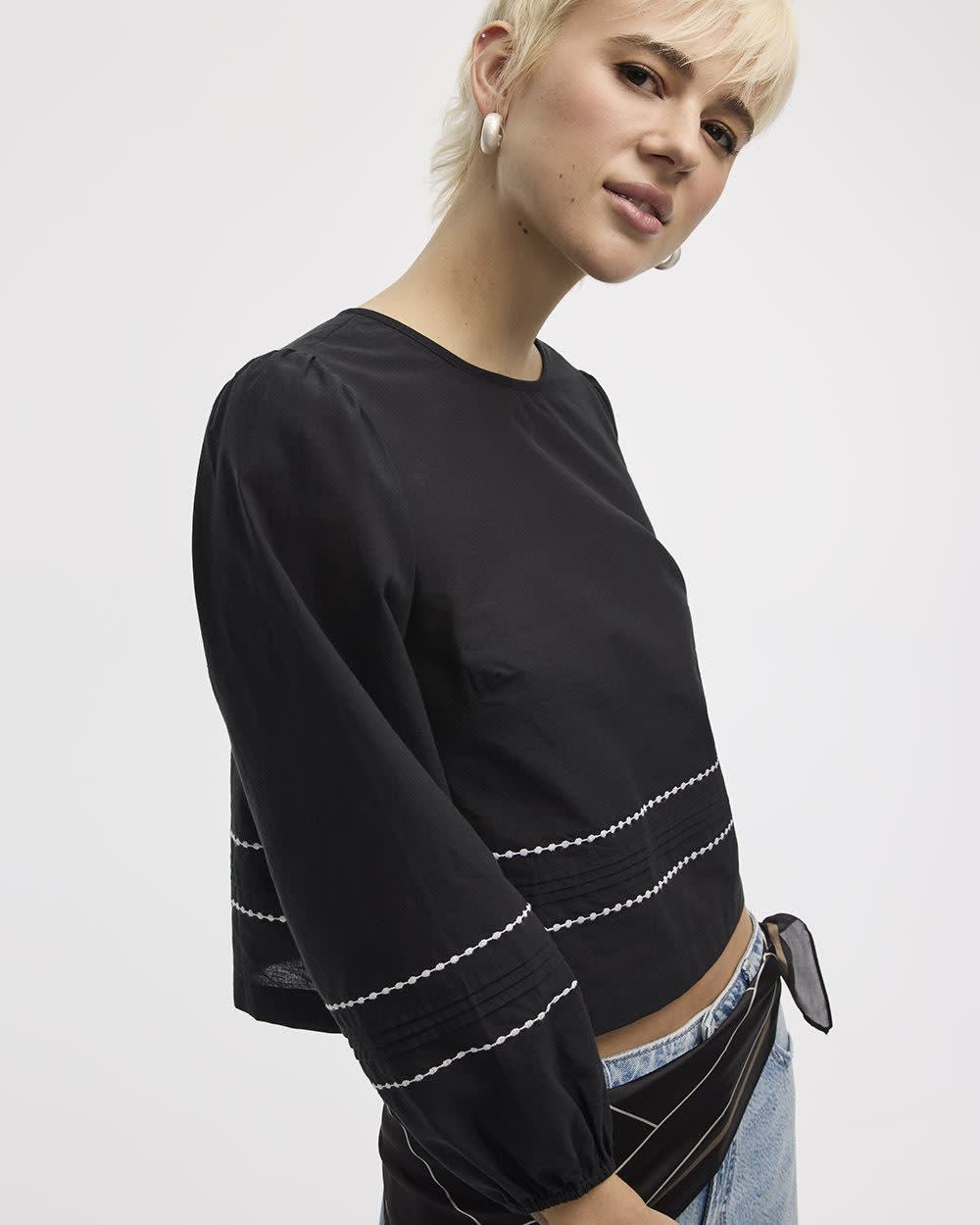Long-Puffy-Sleeve Crew-Neck Blouse