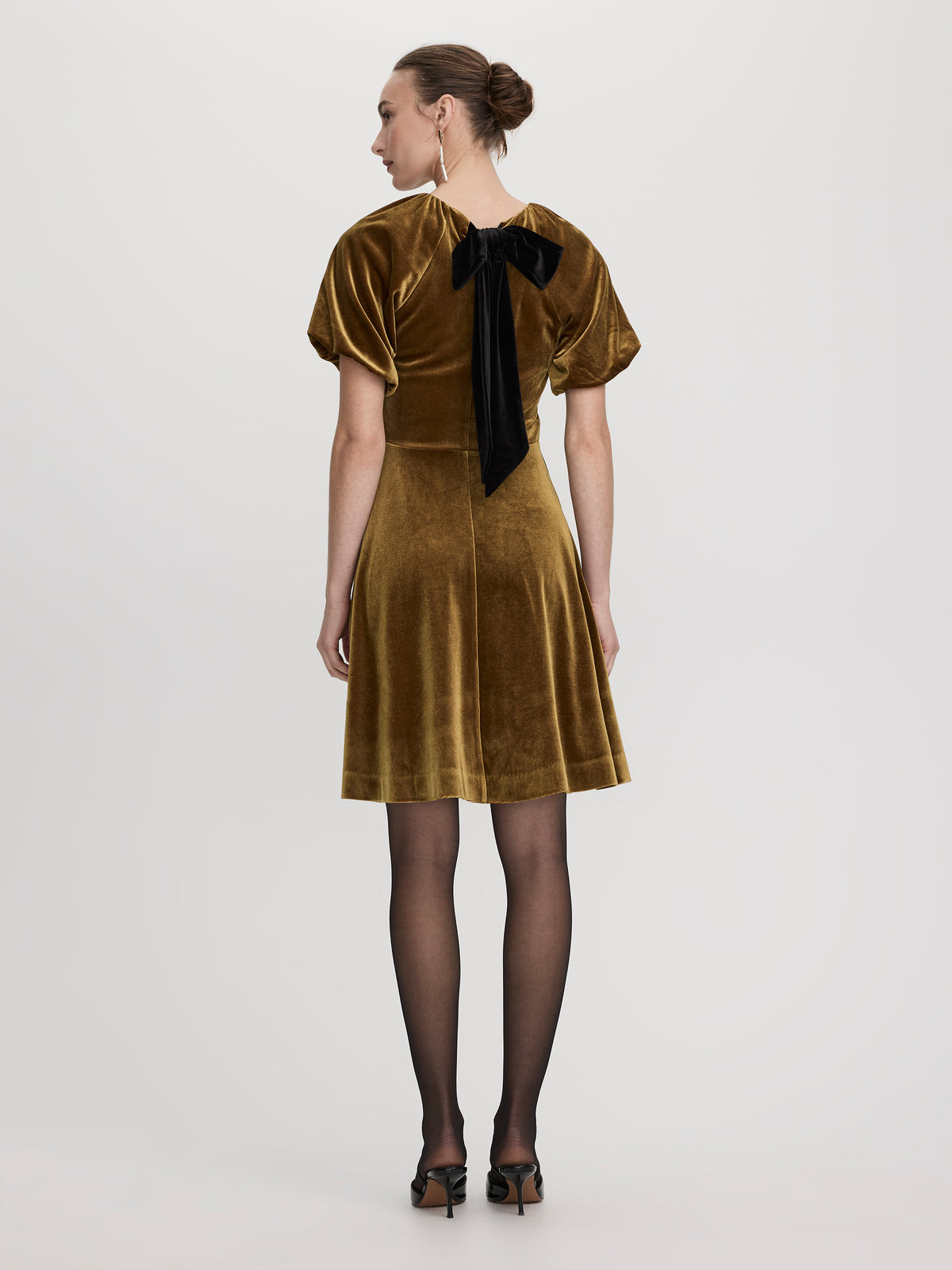 Elbow-Sleeve Velvet Mini Dress with Bow