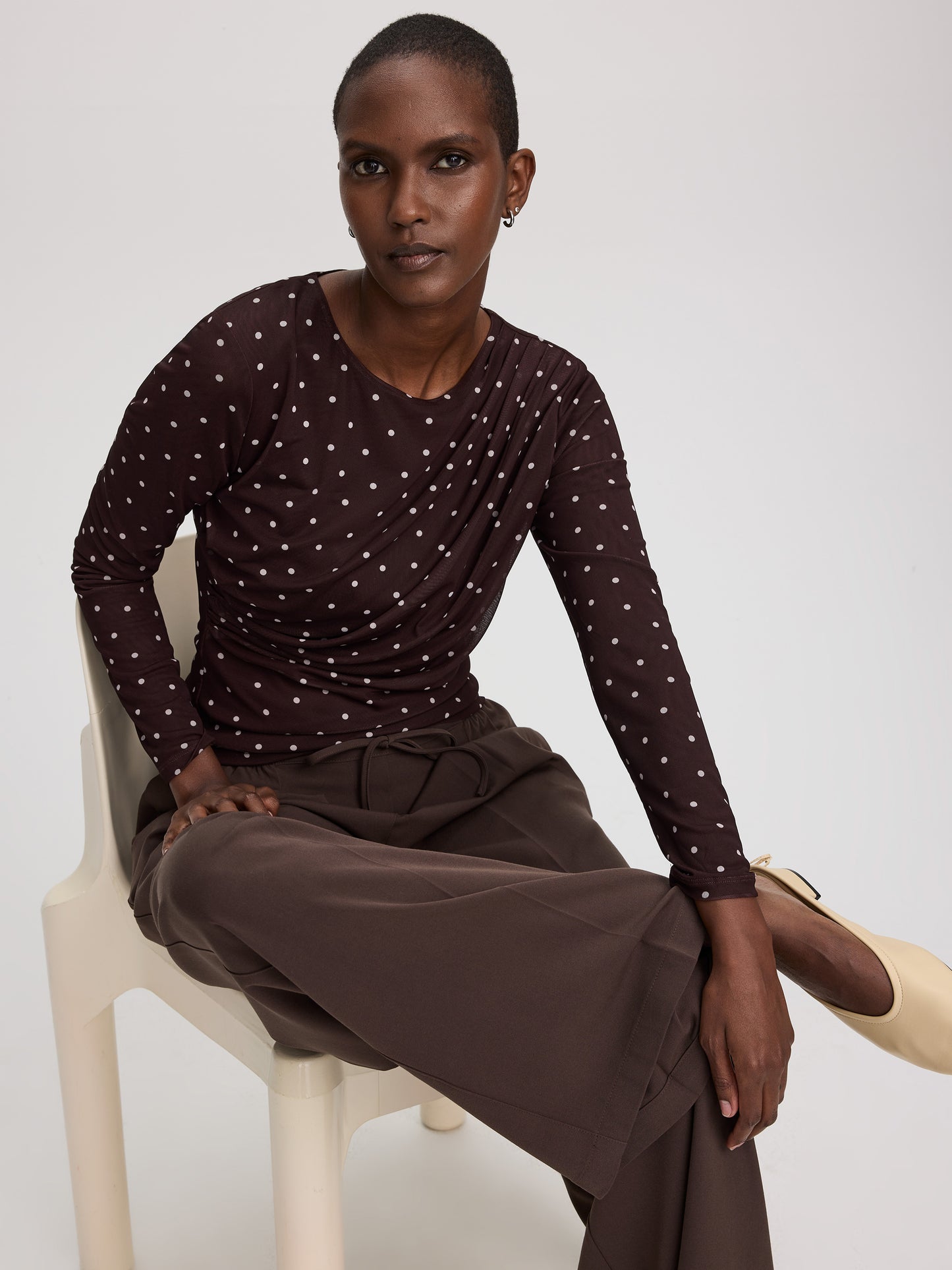 Long-Sleeve Crew-Neck Draped Top