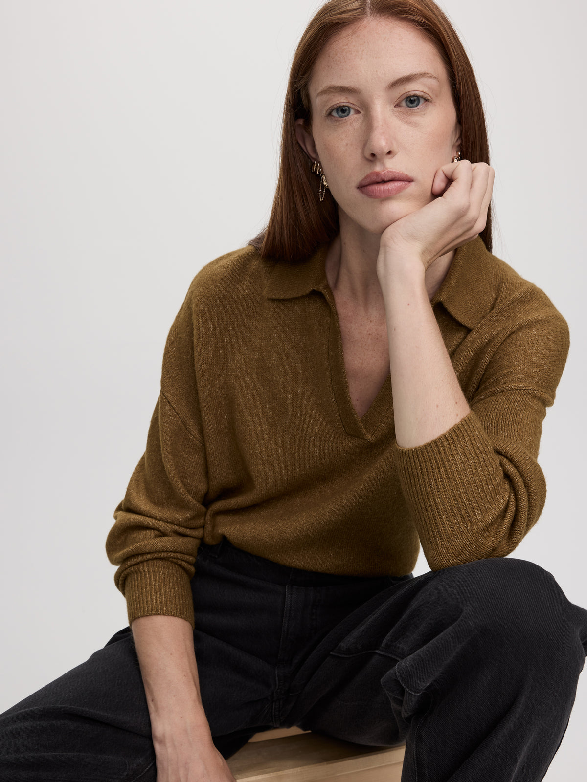 Long-Sleeve Boxy Sweater with Johnny Collar