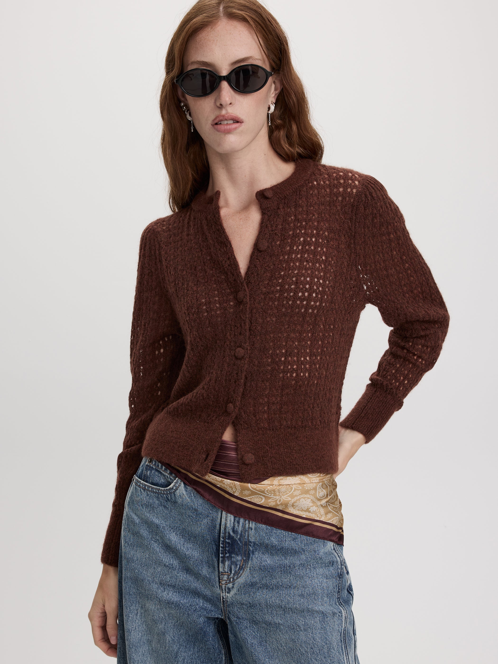 Long-Sleeve Crew-Neck Cardigan with Open Stitches