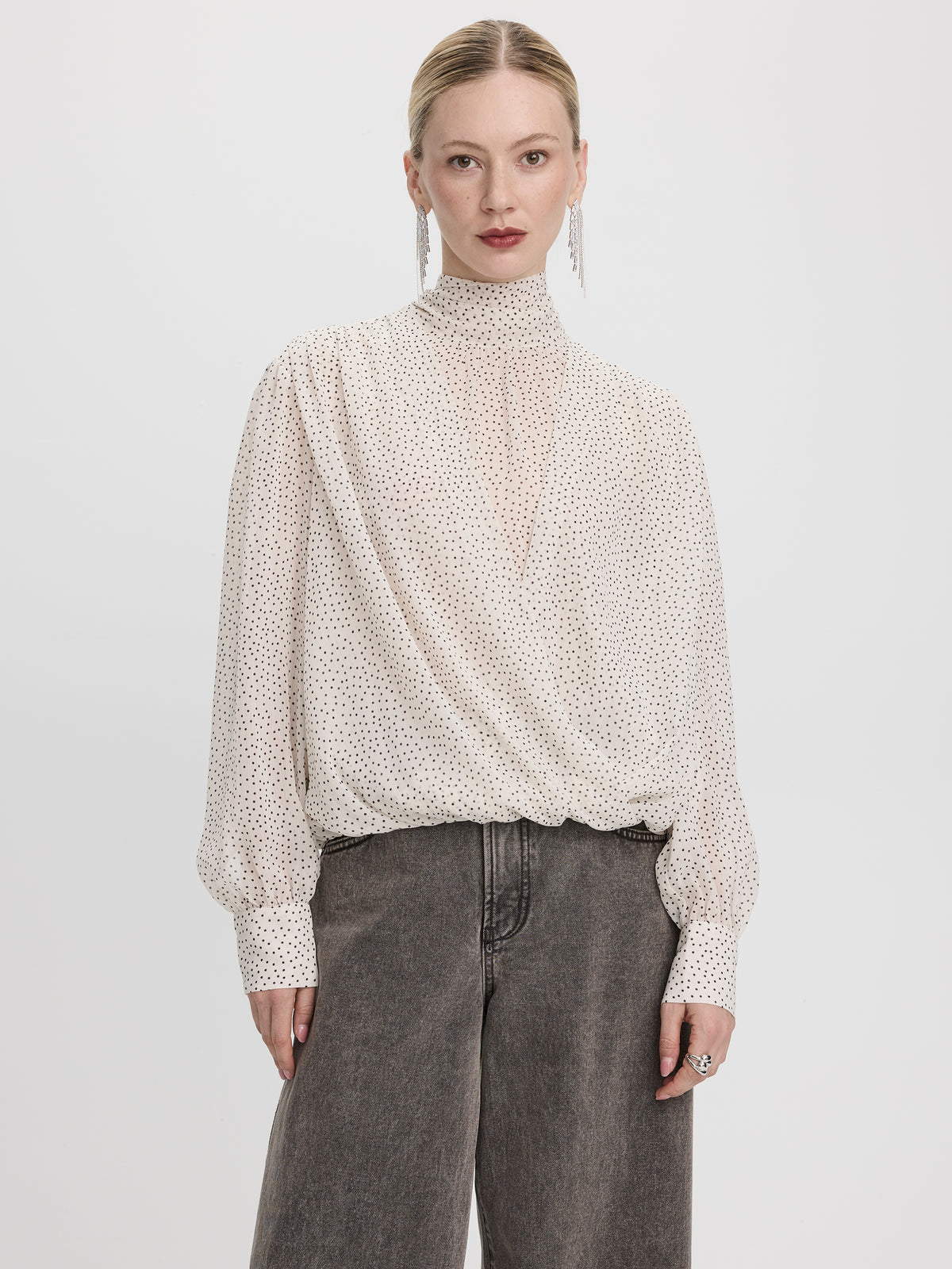 Long-Sleeve Wrap Blouse with Mock Neckline
