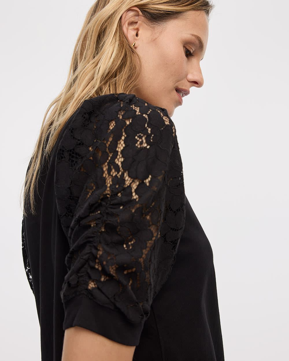 Crew-Neck Mix-Media T-Shirt with Puffy Elbow Sleeves