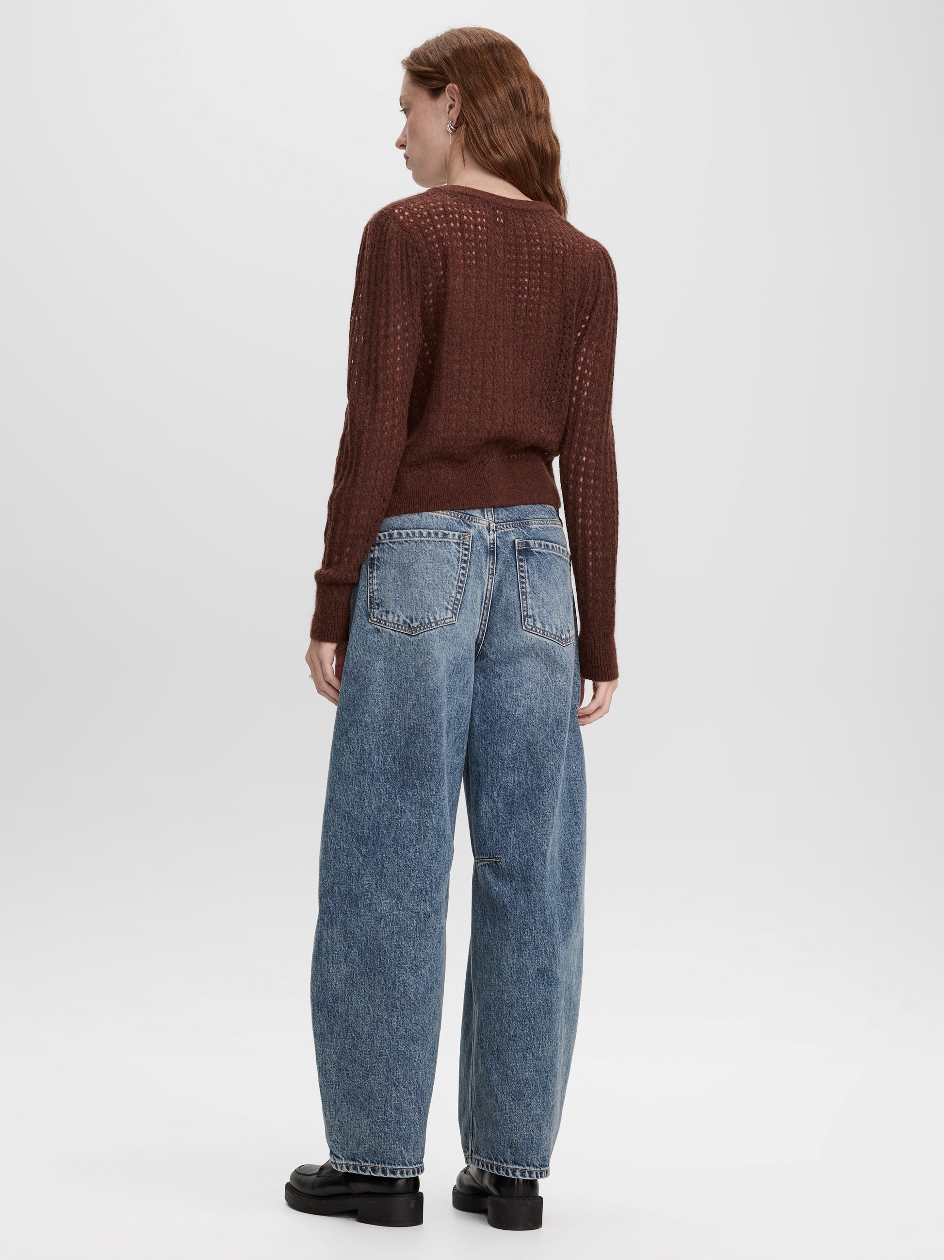 Long-Sleeve Crew-Neck Cardigan with Open Stitches