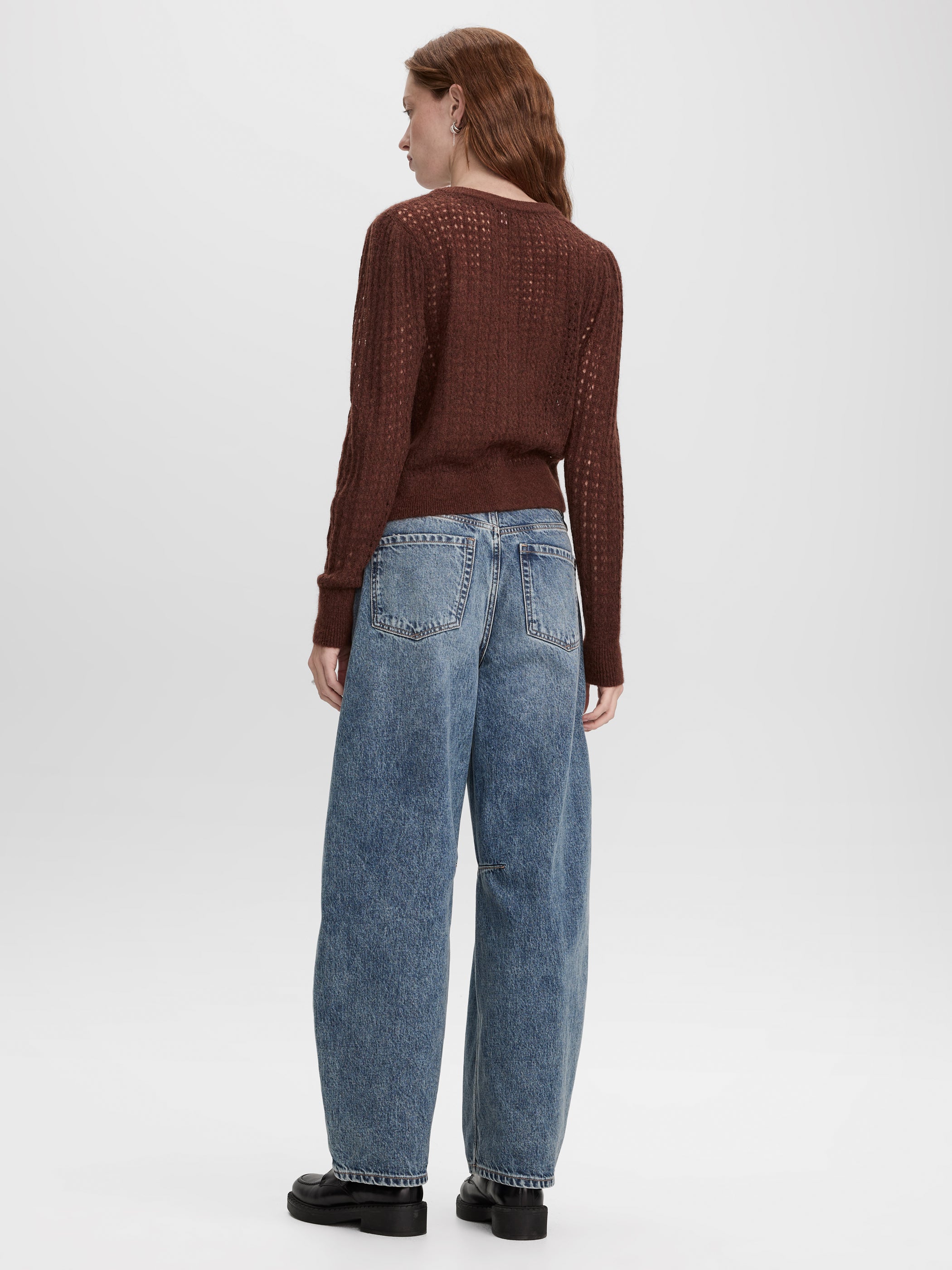 Long-Sleeve Crew-Neck Cardigan with Open Stitches