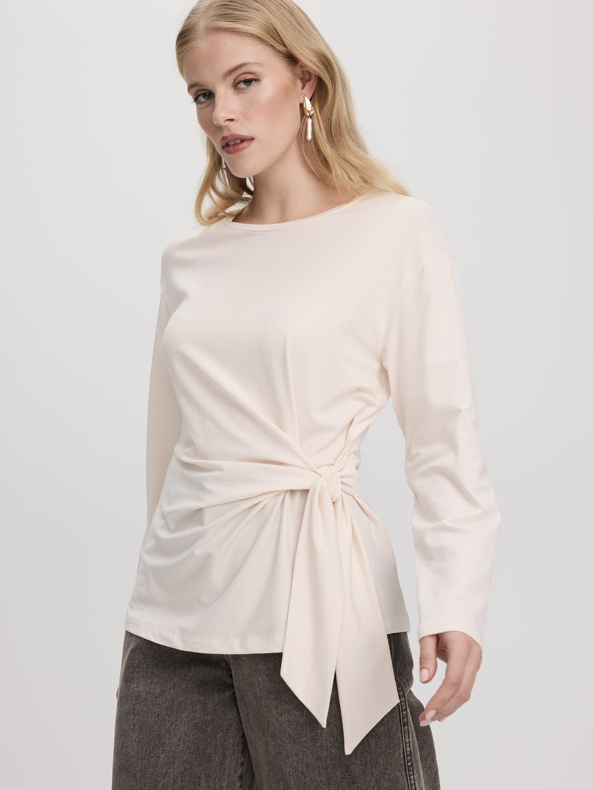 Long-Sleeve Top with Tie at Waist
