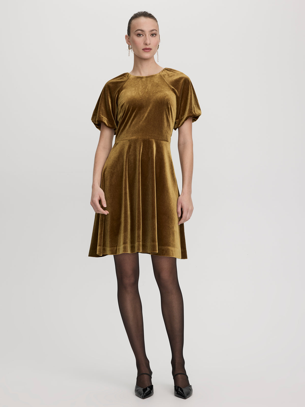 Elbow-Sleeve Velvet Mini Dress with Bow