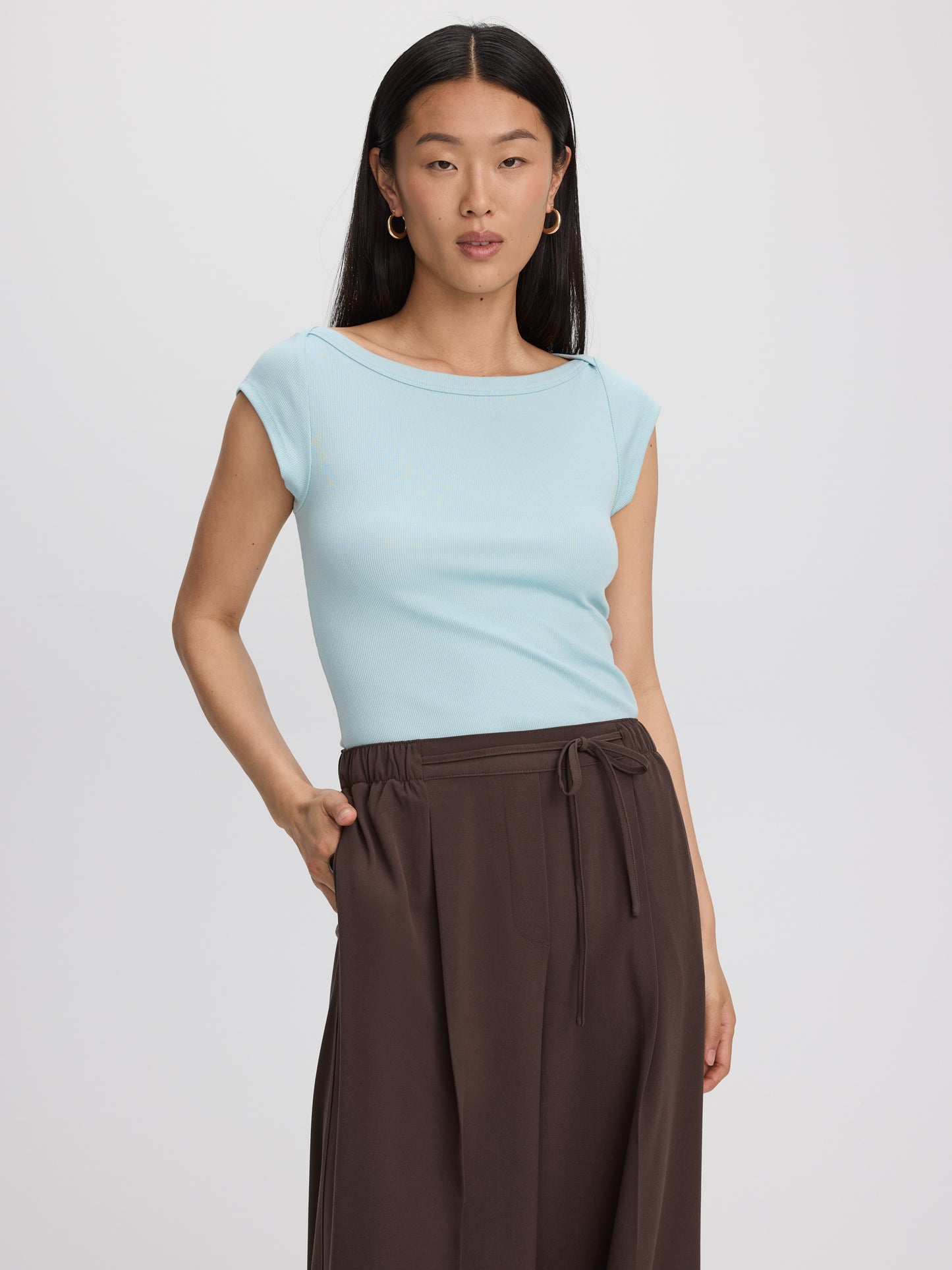 Extended-Sleeve Boat-Neck Ribbed Top