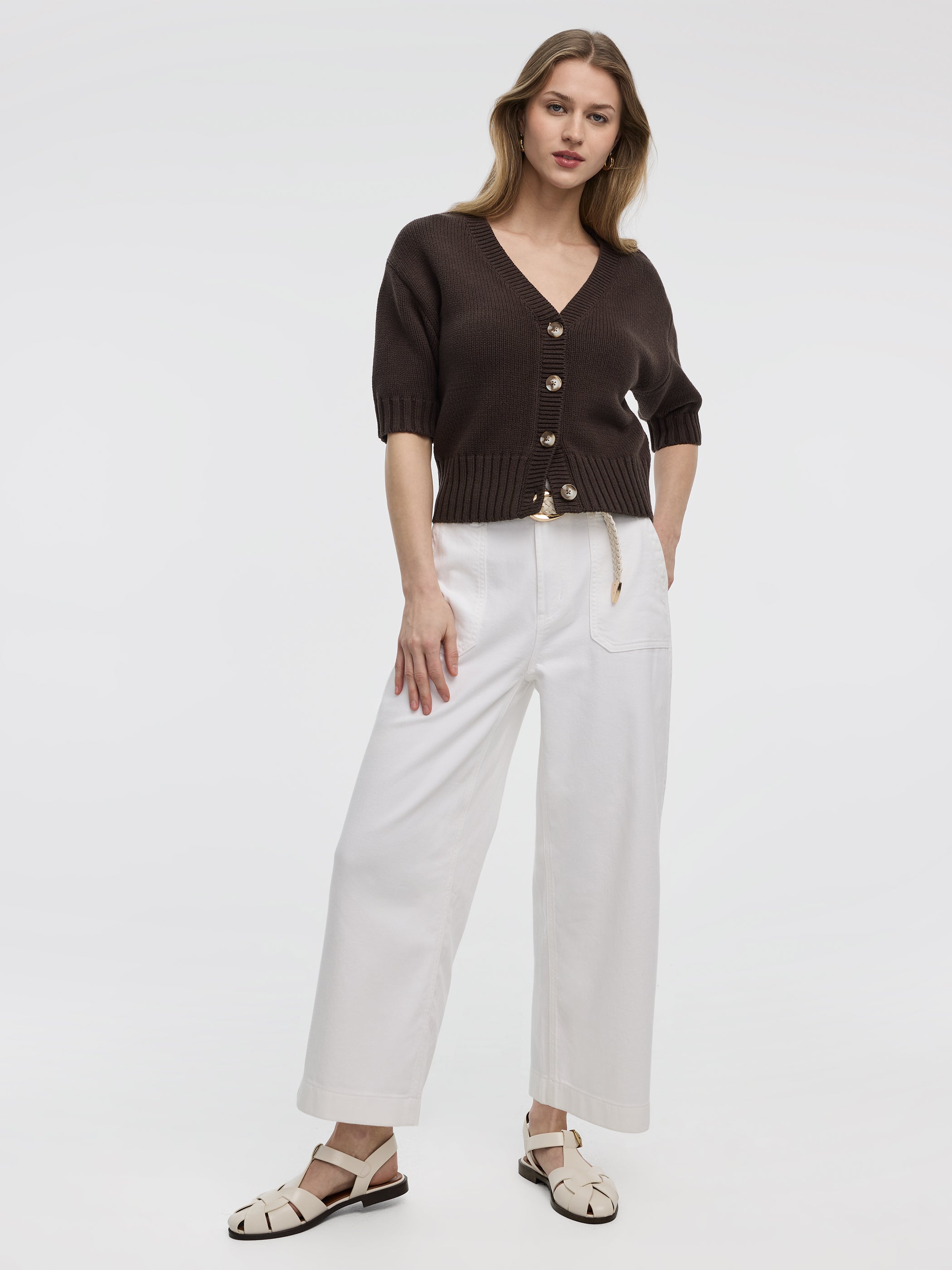 Loose Elbow-Sleeve V-Neck Cardigan