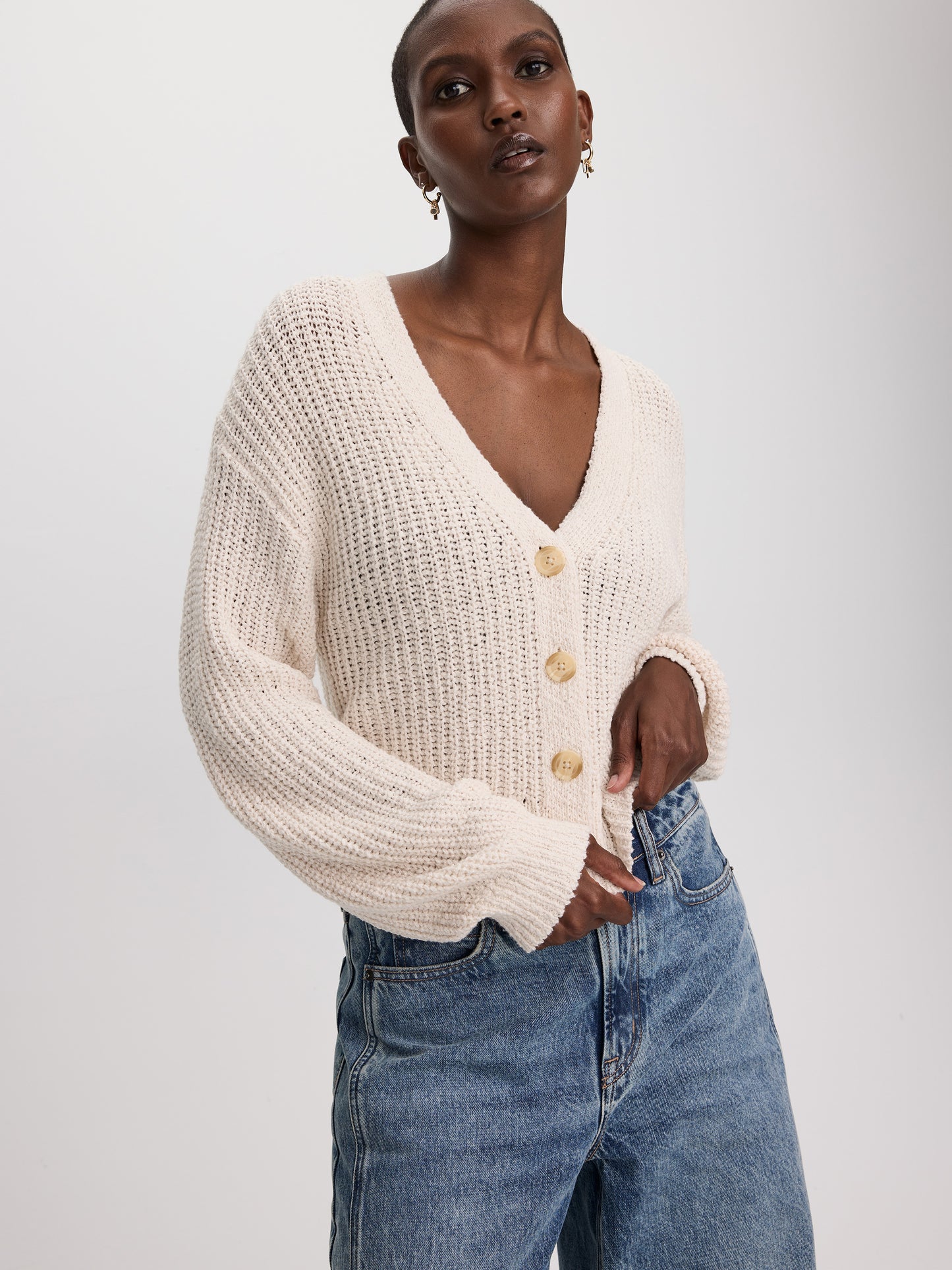 Long-Balloon-Sleeve V-Neck Cardigan