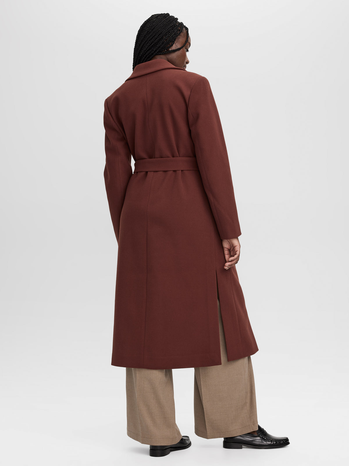 Wool-Blend Long Jacket with Sash