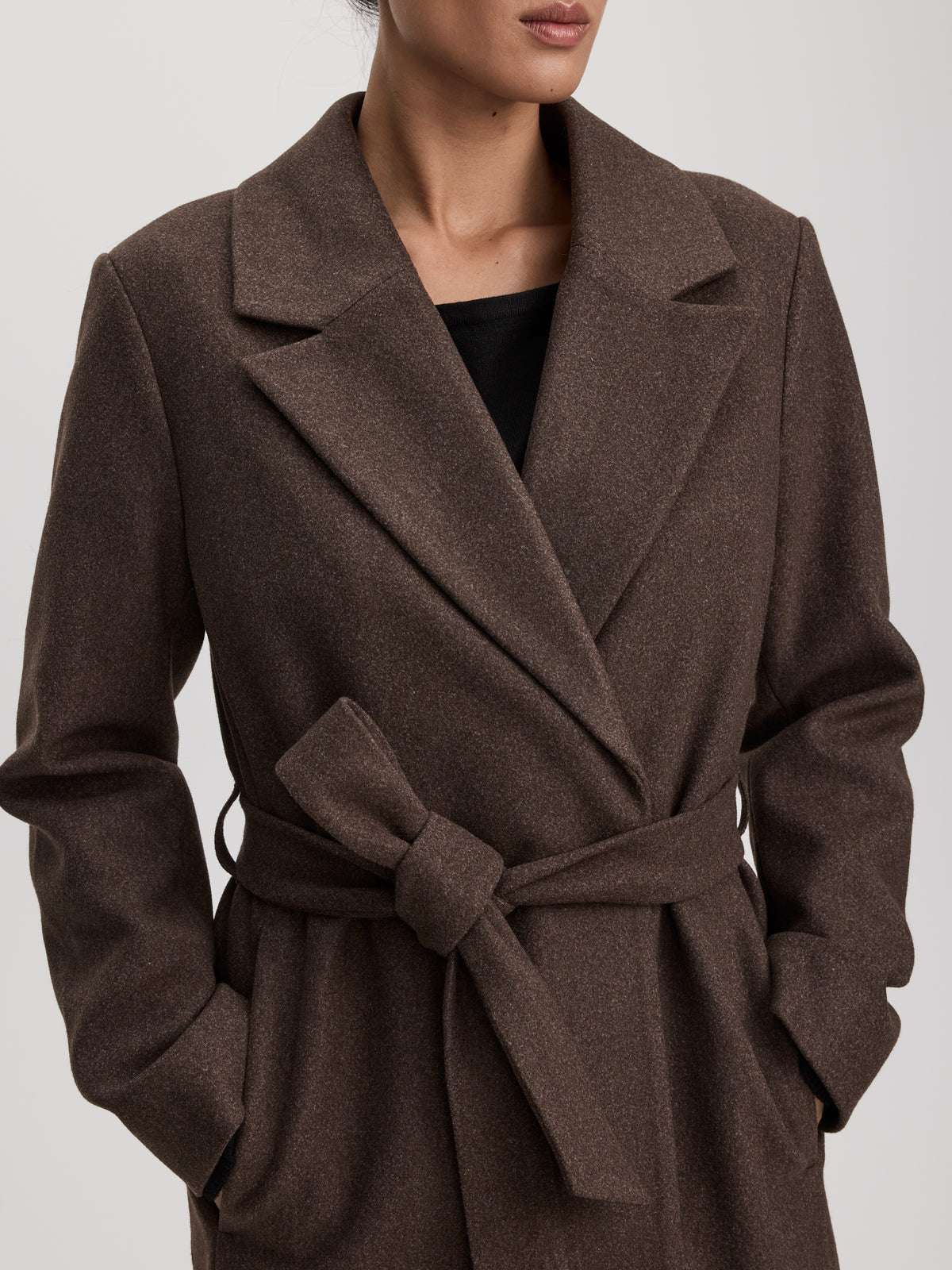 Wool-Blend Long Jacket with Sash and Removable Faux Fur