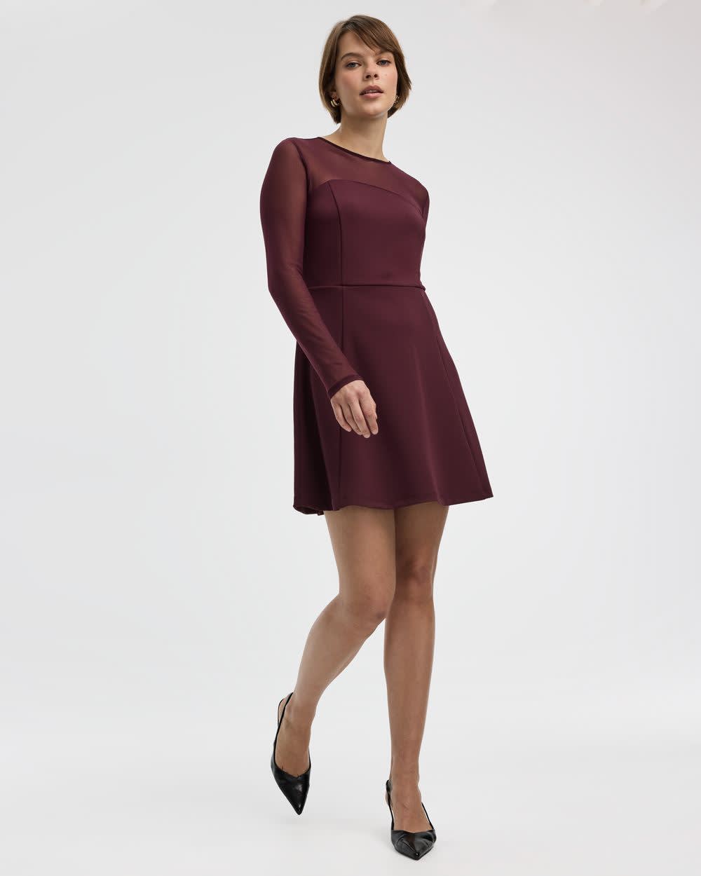 Long-Sleeve Fit-and-Flare Dress with Sheer Yoke