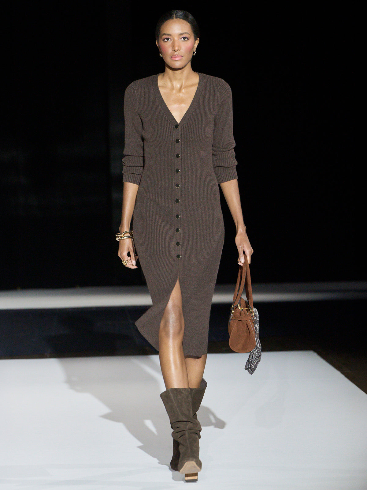 Long-Sleeve V-Neck Buttoned-Down Midi Dress