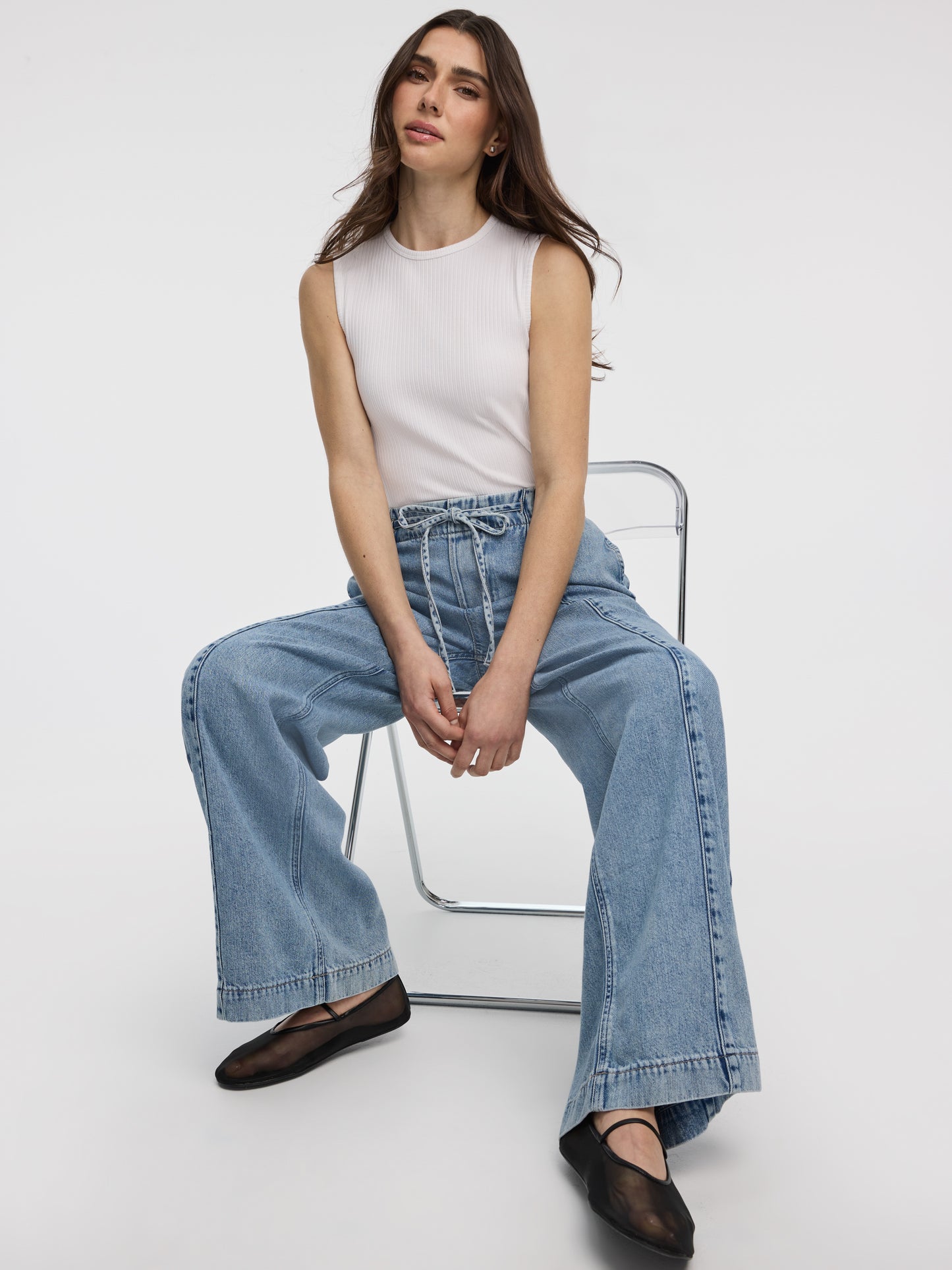 Wide-Leg Pull-On High-Rise Denim Pant