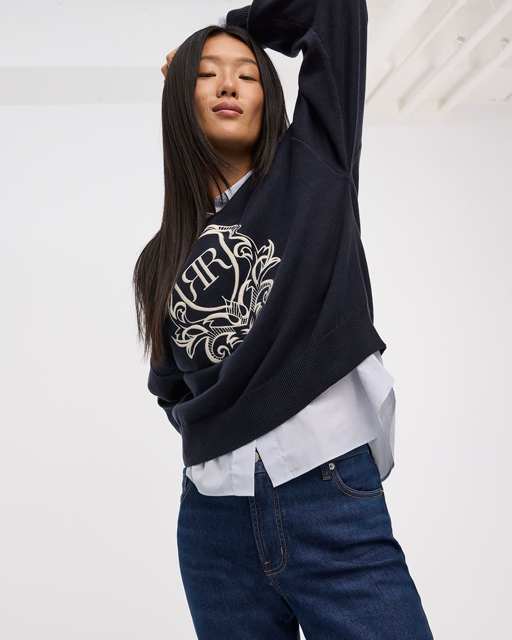 Long-Sleeve Crew-Neck Sweater with Embroidery