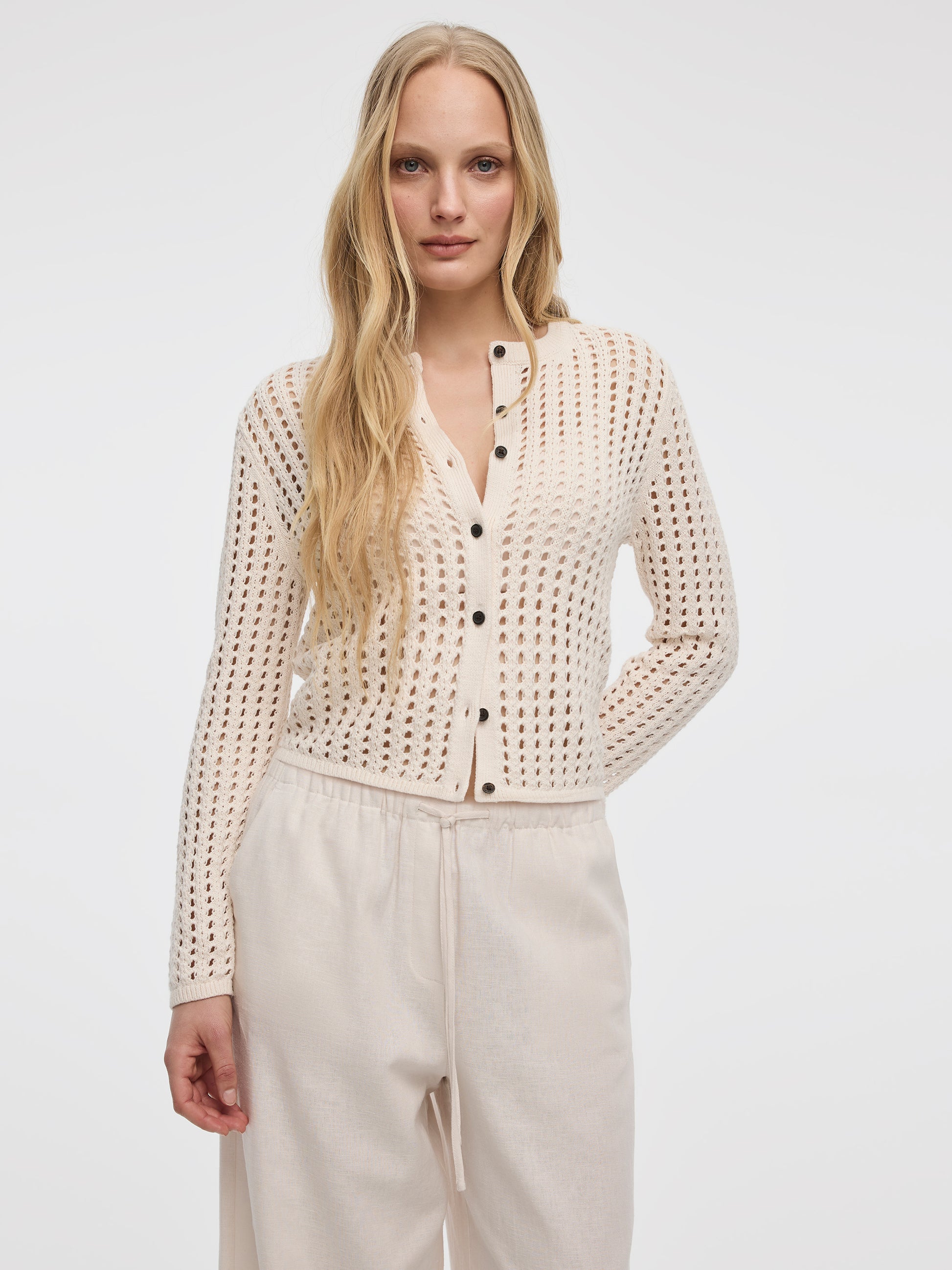 Long-Sleeve Crew-Neck Cardigan with Open Stitches