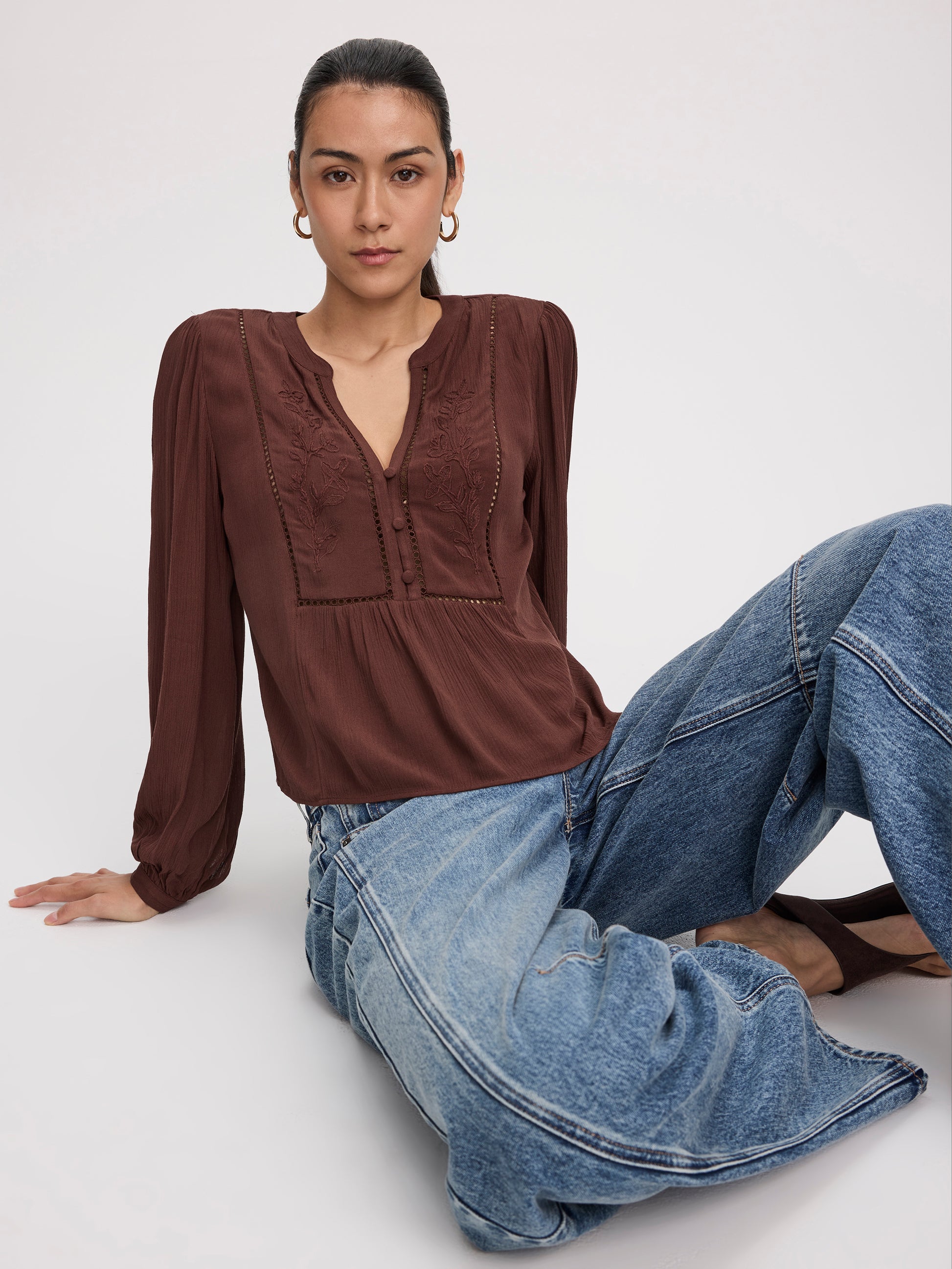 Long-Sleeve Split-Neck Blouse with Embroideries