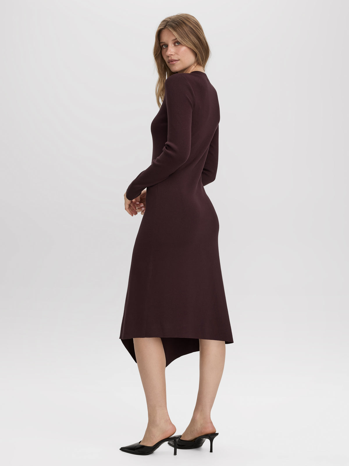 Long-Sleeve Bodycon Midi Dress with Asymmetrical Hem