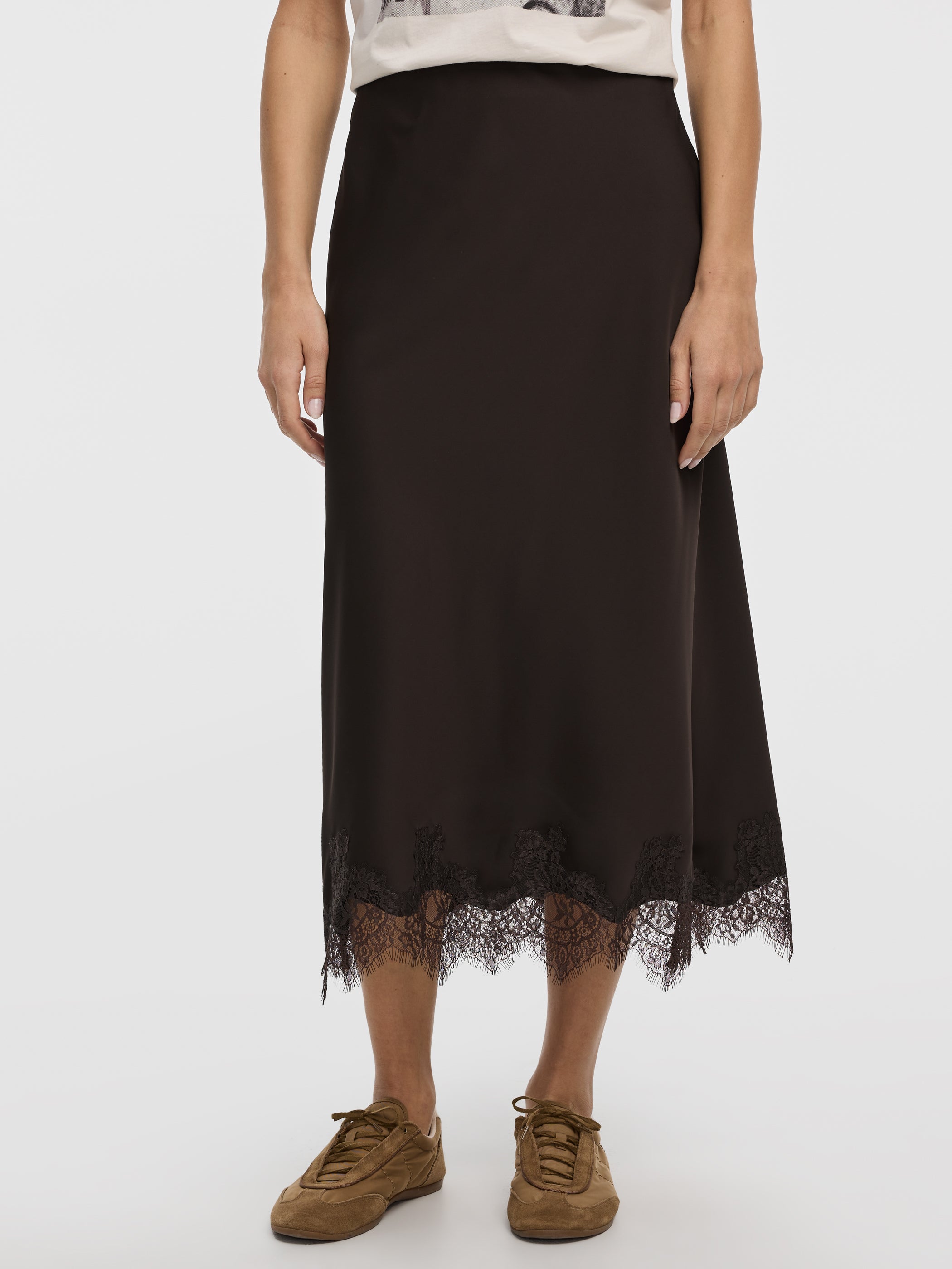 Satin A-Line Midi Skirt with Lace Trim